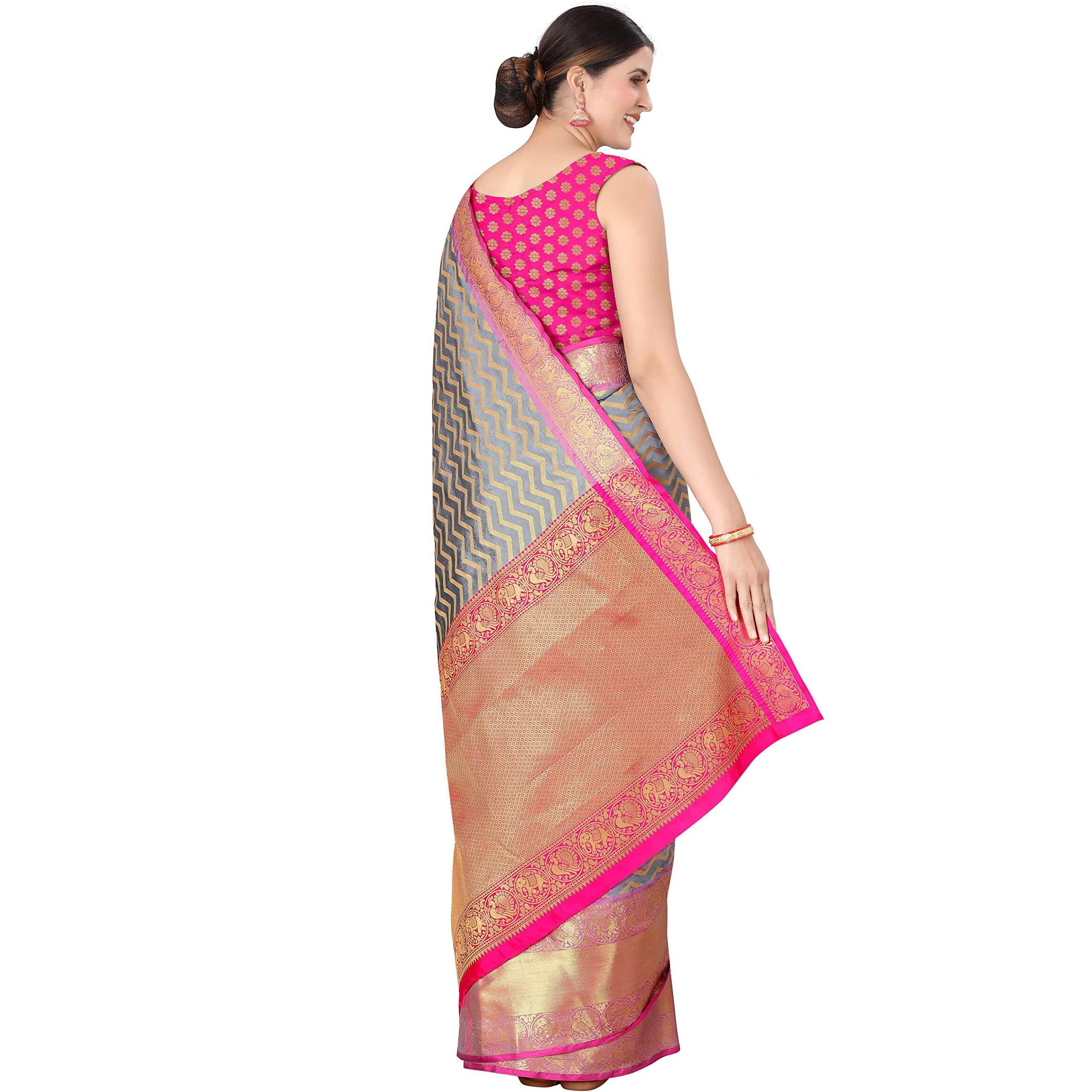 Enthone Womens Banarasi Silk Saree With Unstitched Blouse Piece(Grey)
