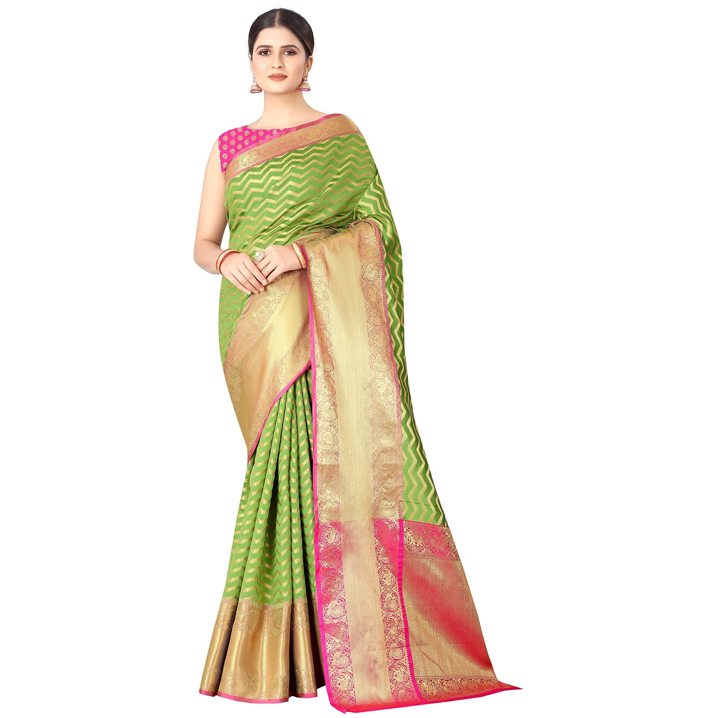 Enthone Womens Banarasi Silk Saree With Unstitched Blouse Piece(Light Green)