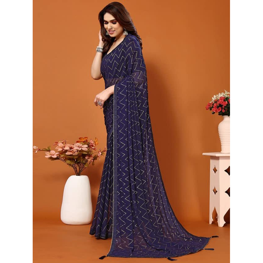 Satrani WomenS Georgette Foil Print Saree With Unstitched Blouse Piece(3066S2123N_Blue)