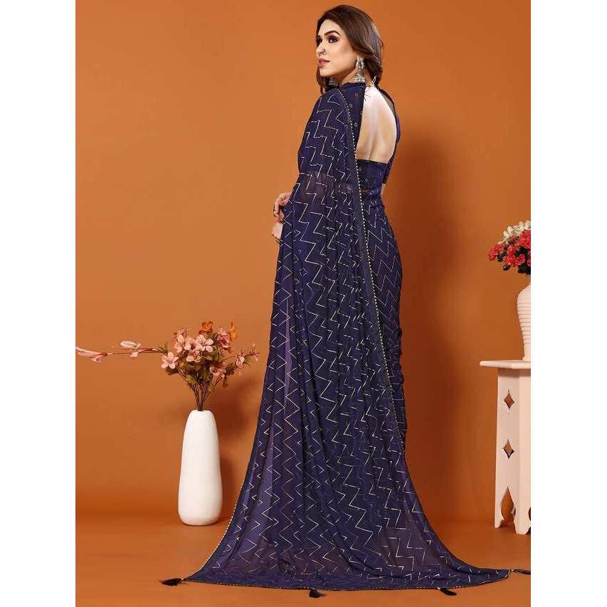 Satrani WomenS Georgette Foil Print Saree With Unstitched Blouse Piece(3066S2123N_Blue)