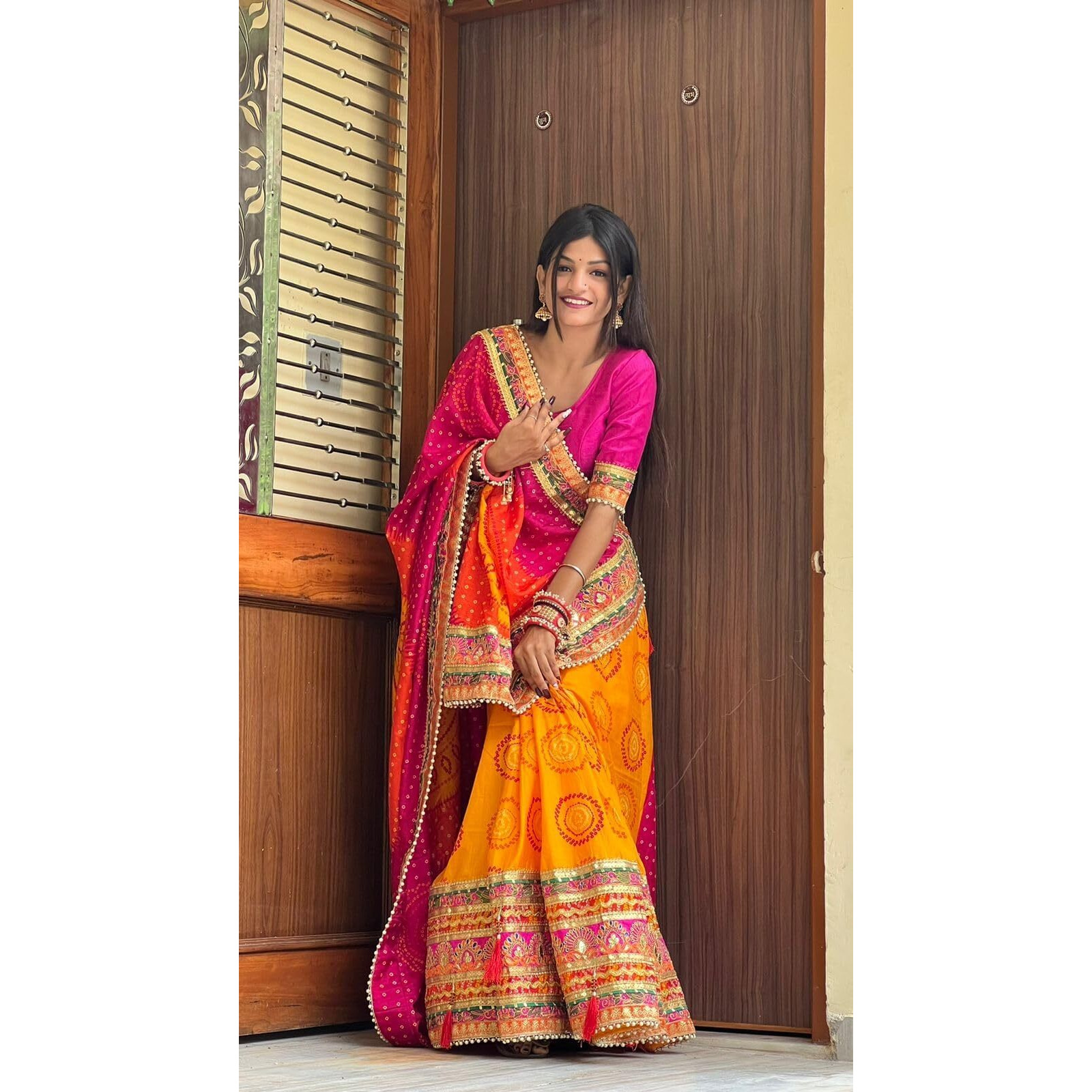 arriva fab Riva Enterprise Womens Soft Dola Silk With Bhandhani With Colourful Embroidery Heavy Lace Saree With Blouse (Multicolor)