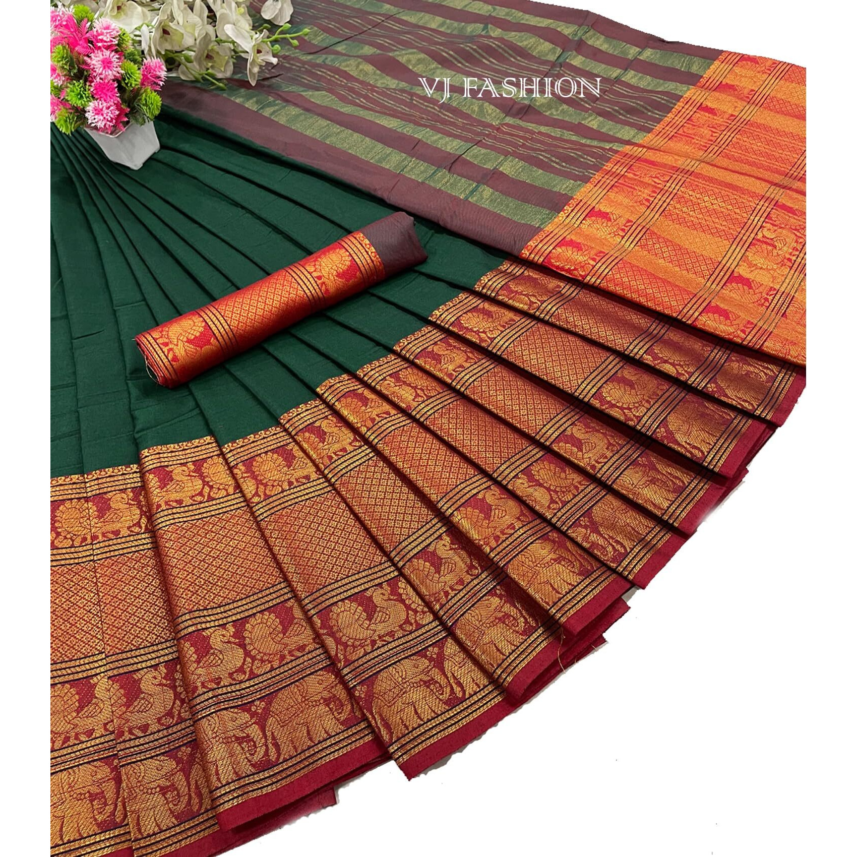 VJ Fashion Womens Silk Blend Narayanpet Saree With Blouse Piece_Freesize(Dark Green)