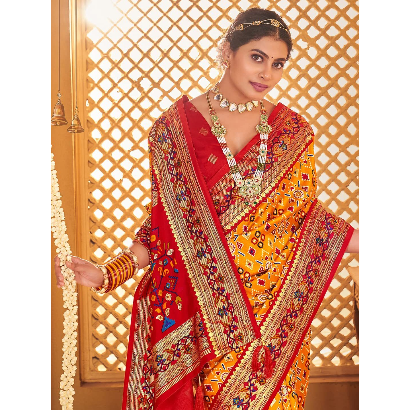 AKHILAM Womens Soft Patola Silk Ikat Print Golden Zari Border Saree With Unstitched Blouse Piece (Mustard_SMNGLM1009_SS)