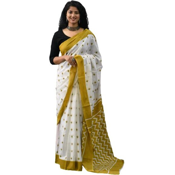 JALTHER Handicrafts Womens Ikat Hand Block Print Jaipuri Cotton Mulmul Saree with Blouse Piece - White_231