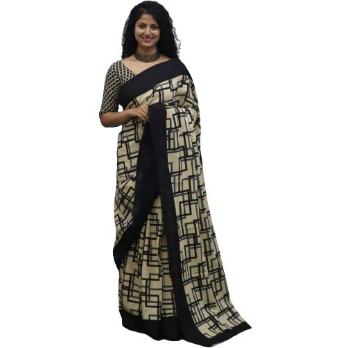 JALTHER Handicrafts Womens Ikat Hand Block Print Jaipuri Cotton Mulmul Saree with Blouse Piece - Black_261