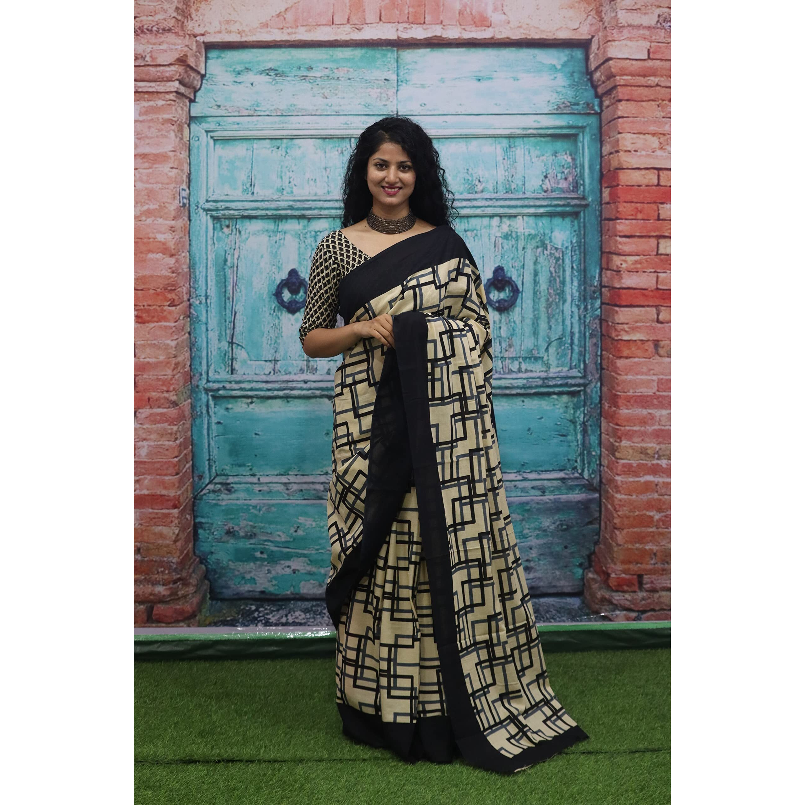 JALTHER Handicrafts Womens Ikat Hand Block Print Jaipuri Cotton Mulmul Saree with Blouse Piece - Black_261