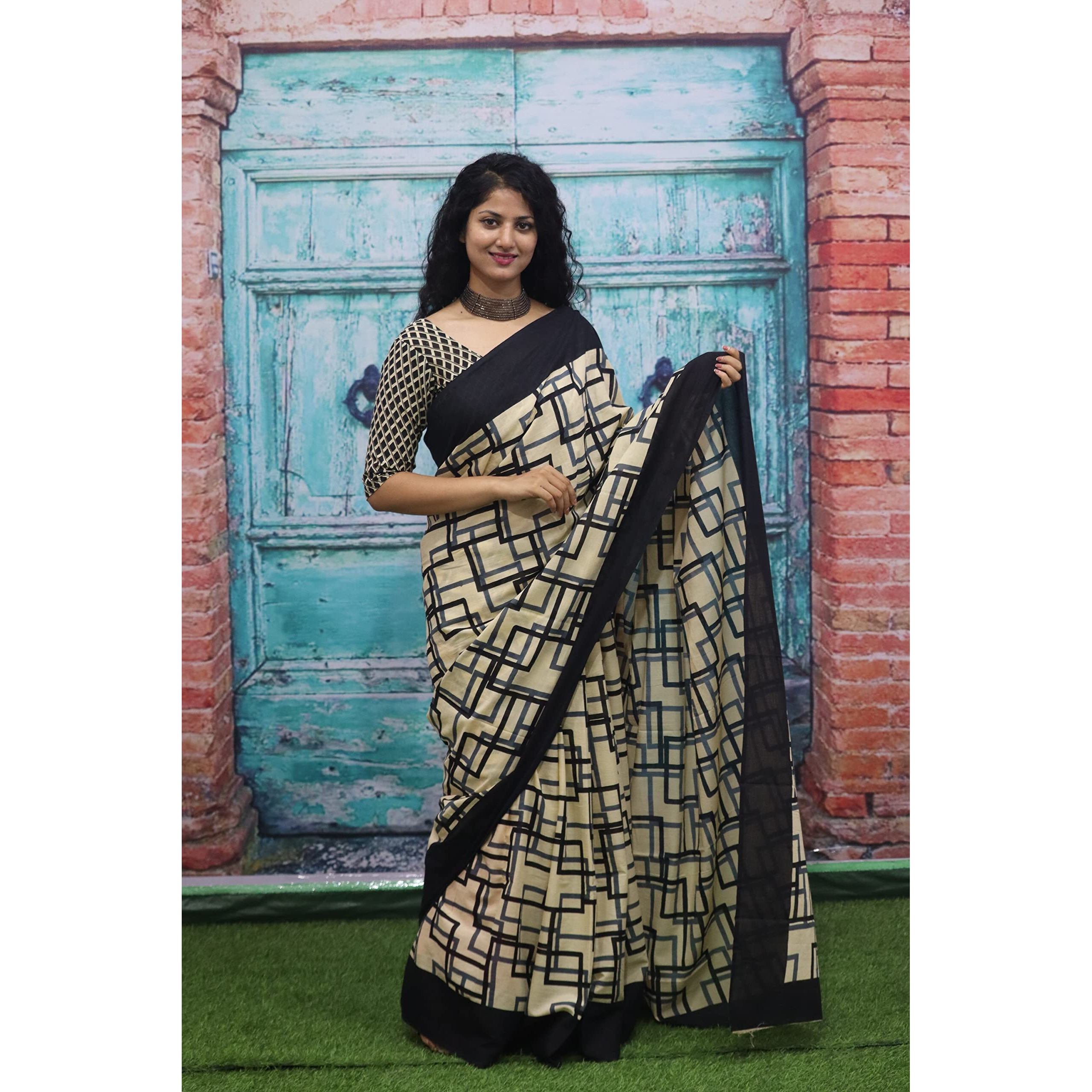 JALTHER Handicrafts Womens Ikat Hand Block Print Jaipuri Cotton Mulmul Saree with Blouse Piece - Black_261