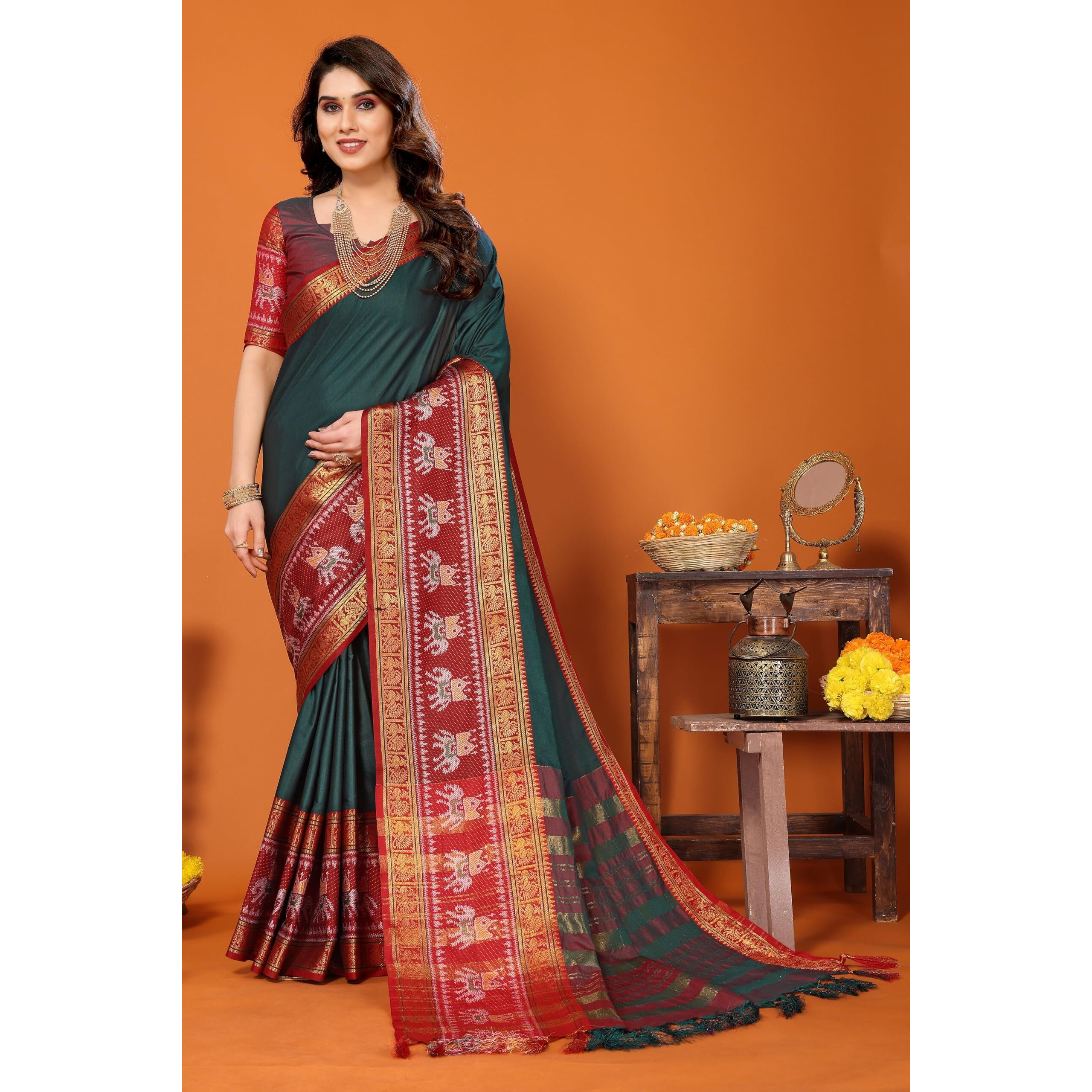 VJFASHION Womens Soft CottonSilk Blend NarayanPet Saree With Blouse Piece_Freesize