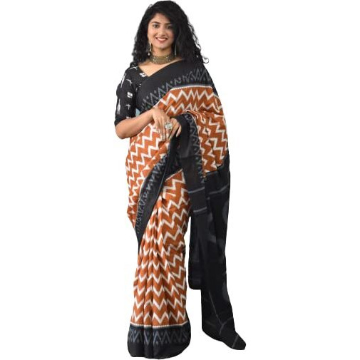 JALTHER Handicrafts Womens Ikat Hand Block Print Jaipuri Cotton Mulmul Saree with Blouse Piece - Brown_35