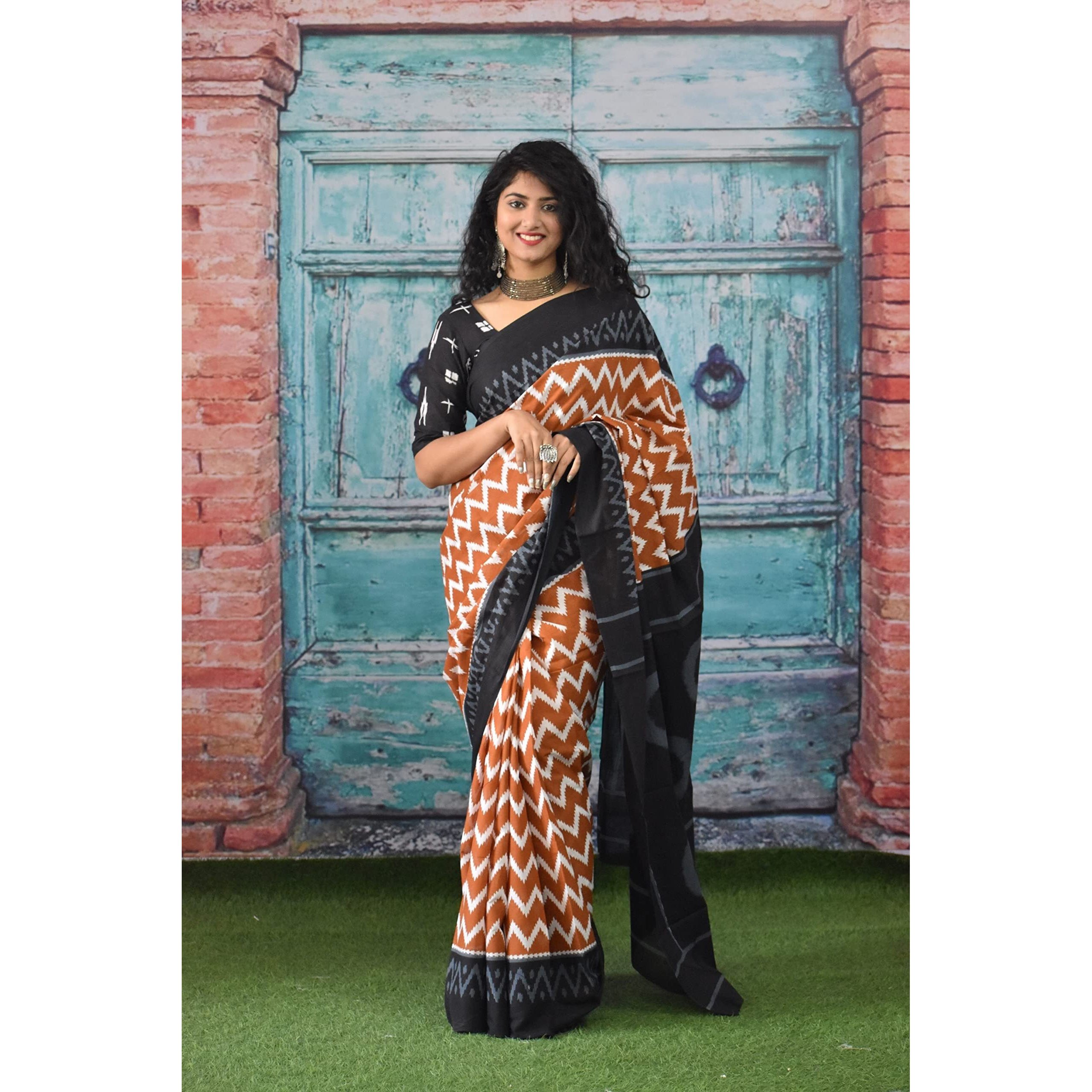 JALTHER Handicrafts Womens Ikat Hand Block Print Jaipuri Cotton Mulmul Saree with Blouse Piece - Brown_35