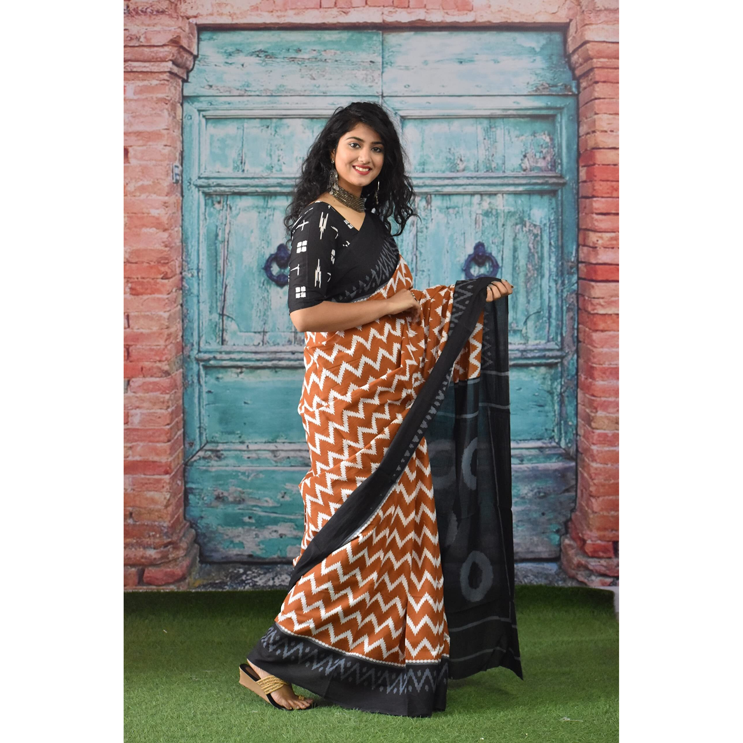 JALTHER Handicrafts Womens Ikat Hand Block Print Jaipuri Cotton Mulmul Saree with Blouse Piece - Brown_35