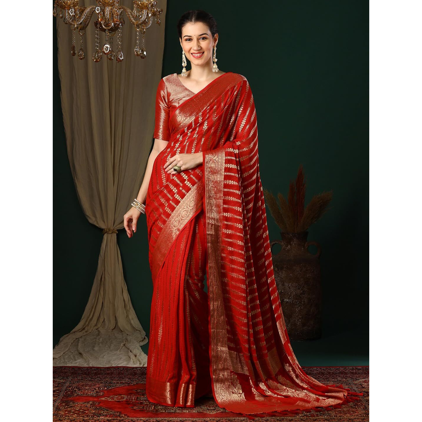 AKHILAM Womens Red Georgette Zari Woven Design Saree with Unstitched Blouse Piece (ARYA2903_FL)
