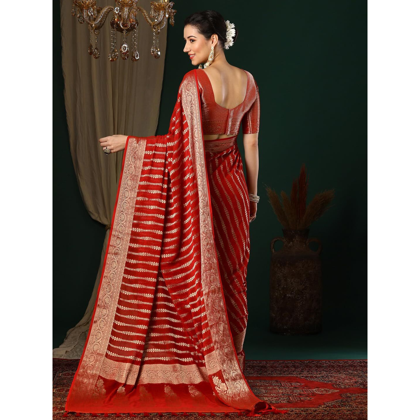 AKHILAM Womens Red Georgette Zari Woven Design Saree with Unstitched Blouse Piece (ARYA2903_FL)