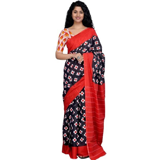 JALTHER Handicrafts Womens Ikat Hand Block Print Jaipuri Cotton Mulmul Saree with Blouse Piece - Black_19
