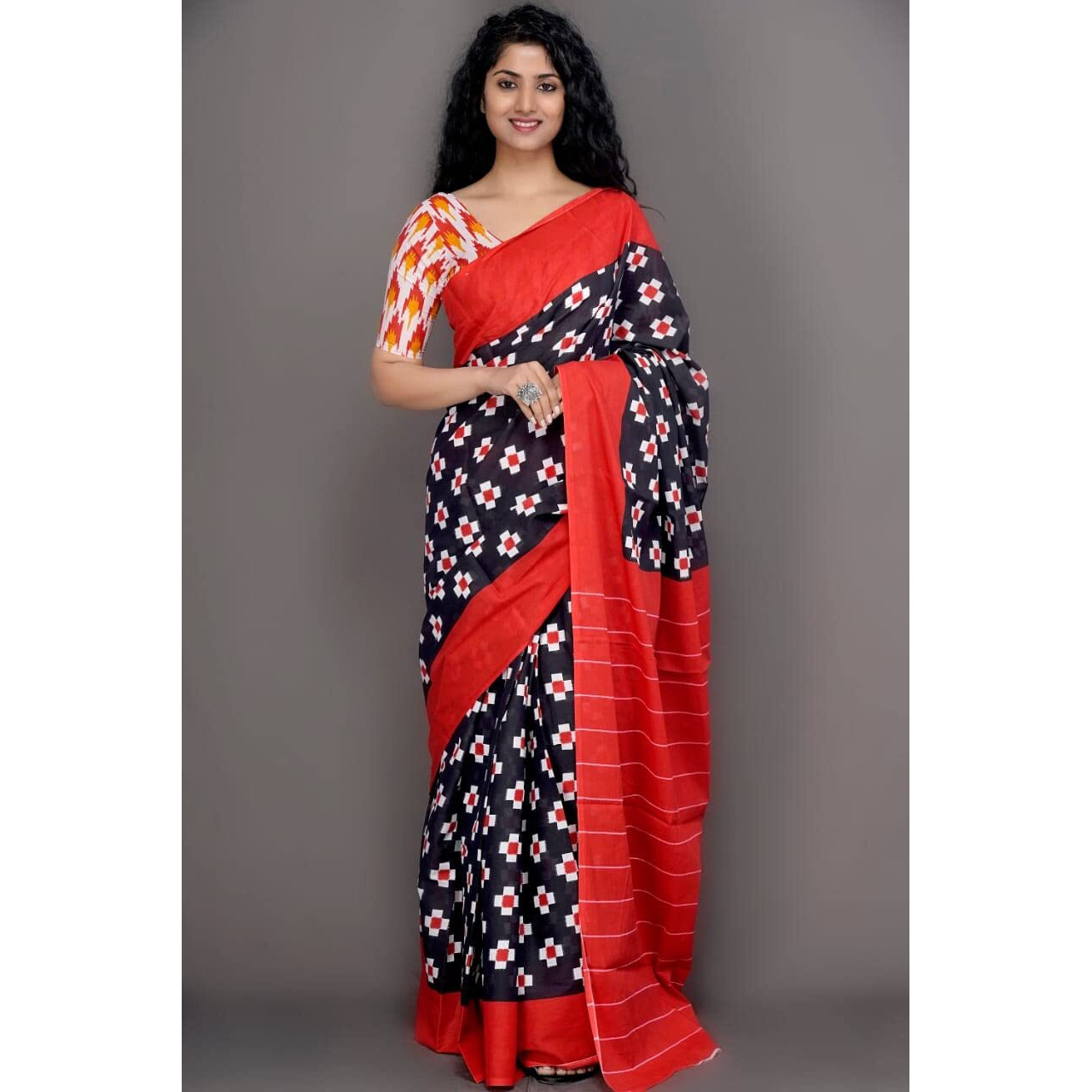 JALTHER Handicrafts Womens Ikat Hand Block Print Jaipuri Cotton Mulmul Saree with Blouse Piece - Black_19