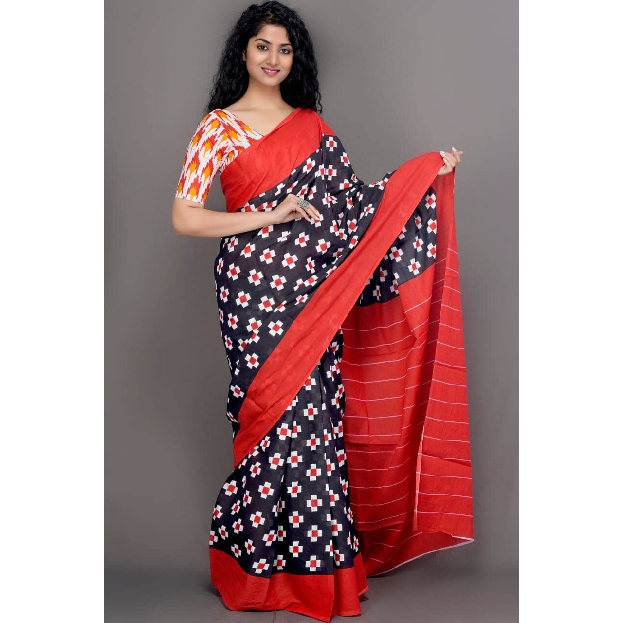 JALTHER Handicrafts Womens Ikat Hand Block Print Jaipuri Cotton Mulmul Saree with Blouse Piece - Black_19