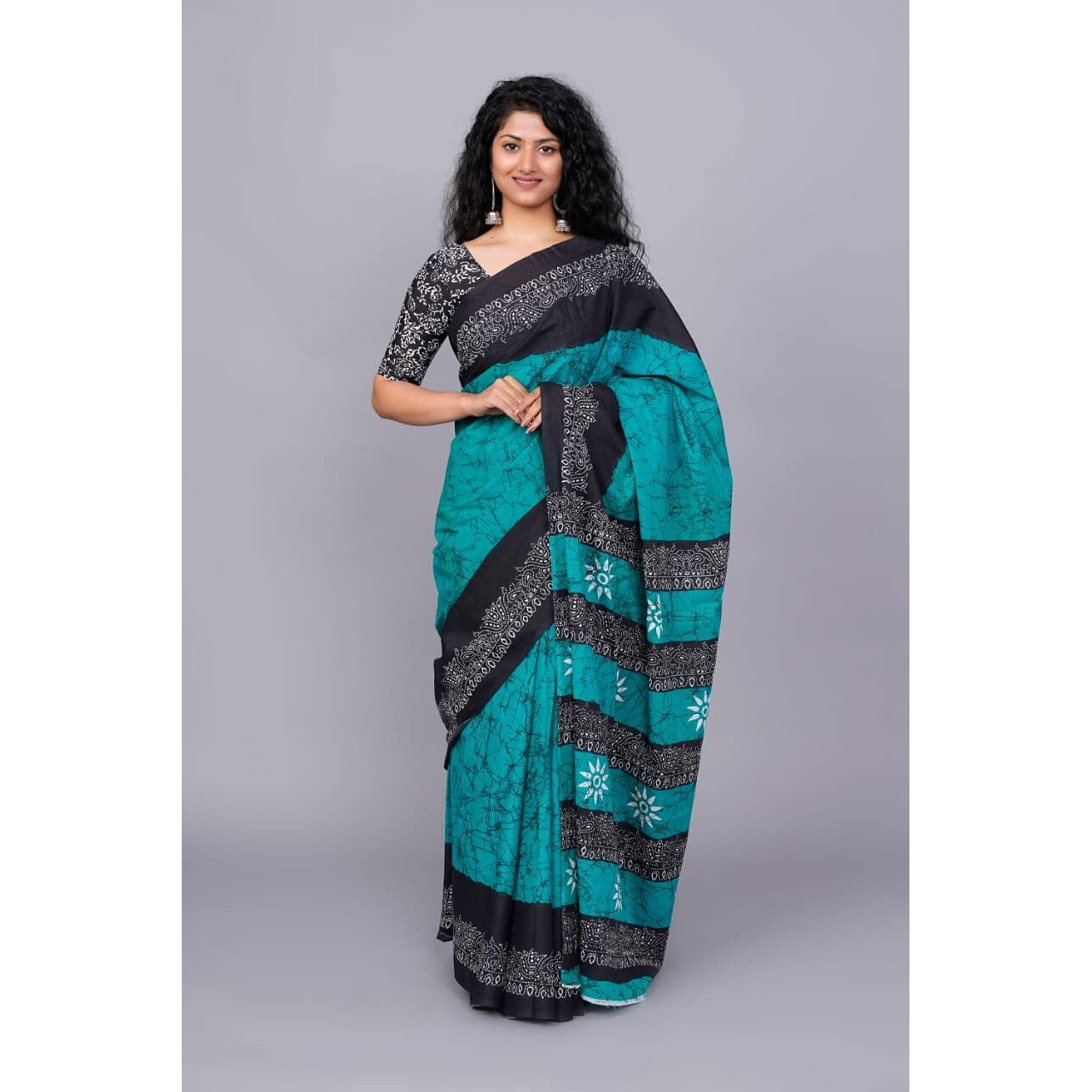 JALTHER Handicrafts Womens Ikat Hand Block Print Jaipuri Cotton Mulmul Saree with Blouse Piece - Turquise_28