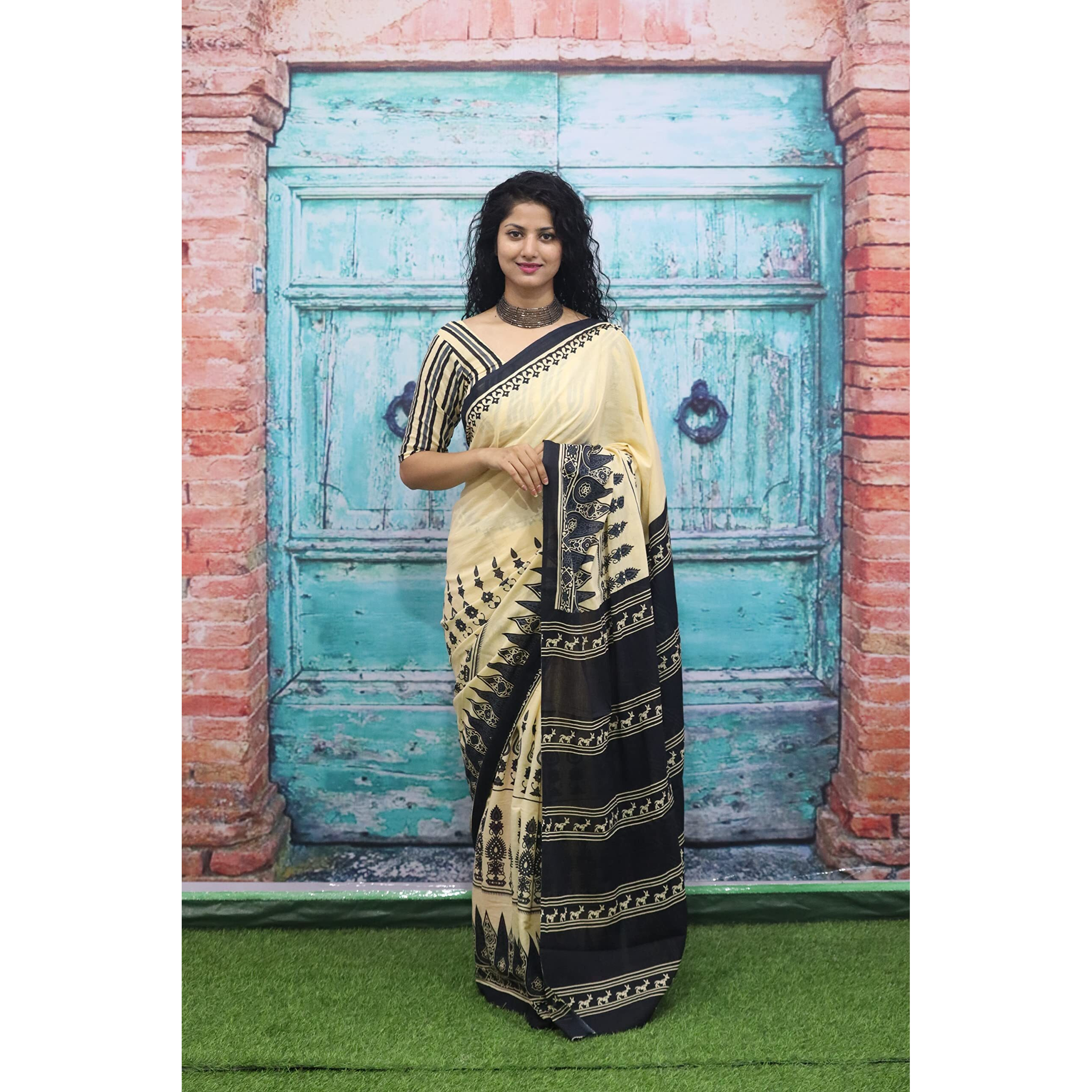 JALTHER Handicrafts Womens Ikat Hand Block Print Jaipuri Cotton Mulmul Saree with Blouse Piece - Cream_258