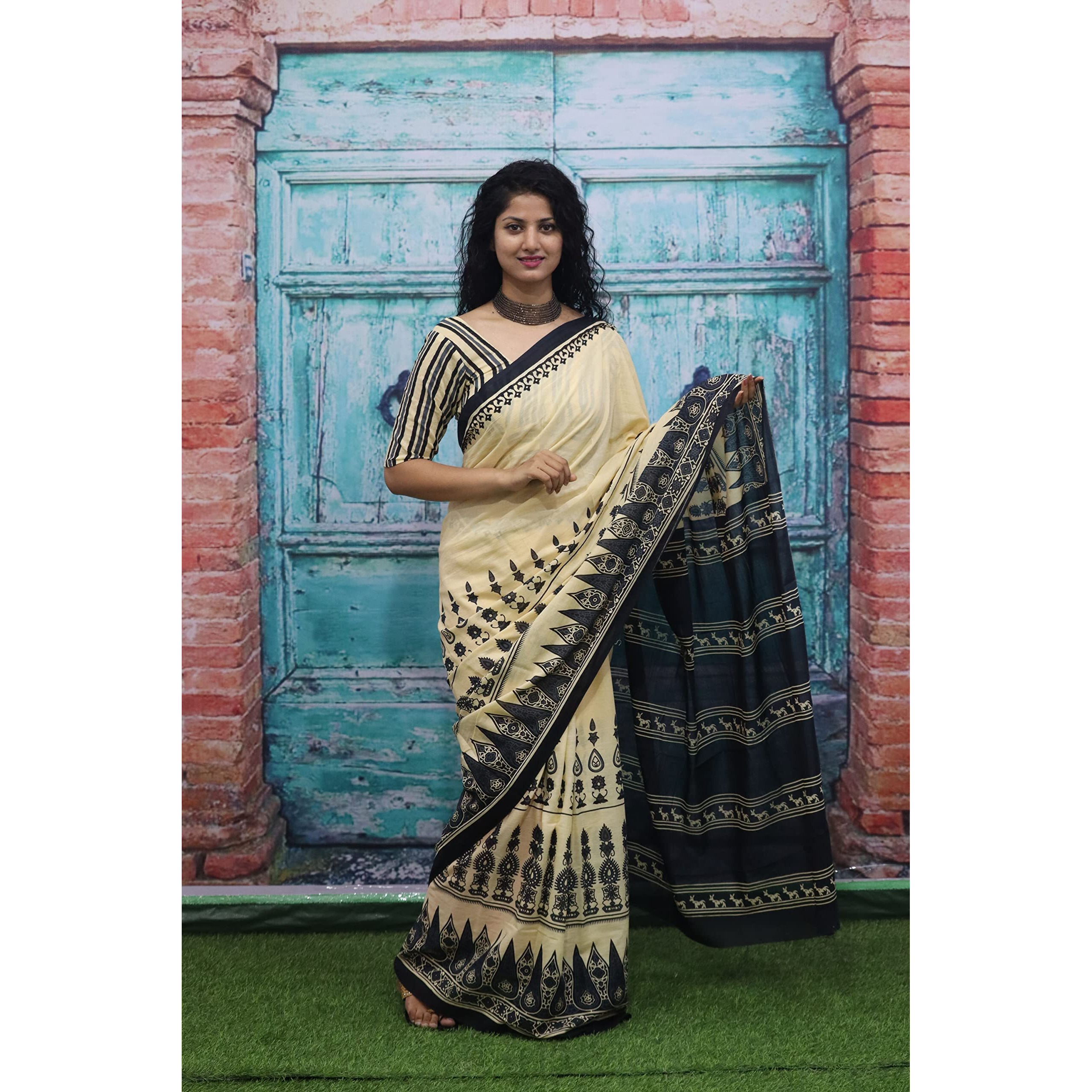 JALTHER Handicrafts Womens Ikat Hand Block Print Jaipuri Cotton Mulmul Saree with Blouse Piece - Cream_258