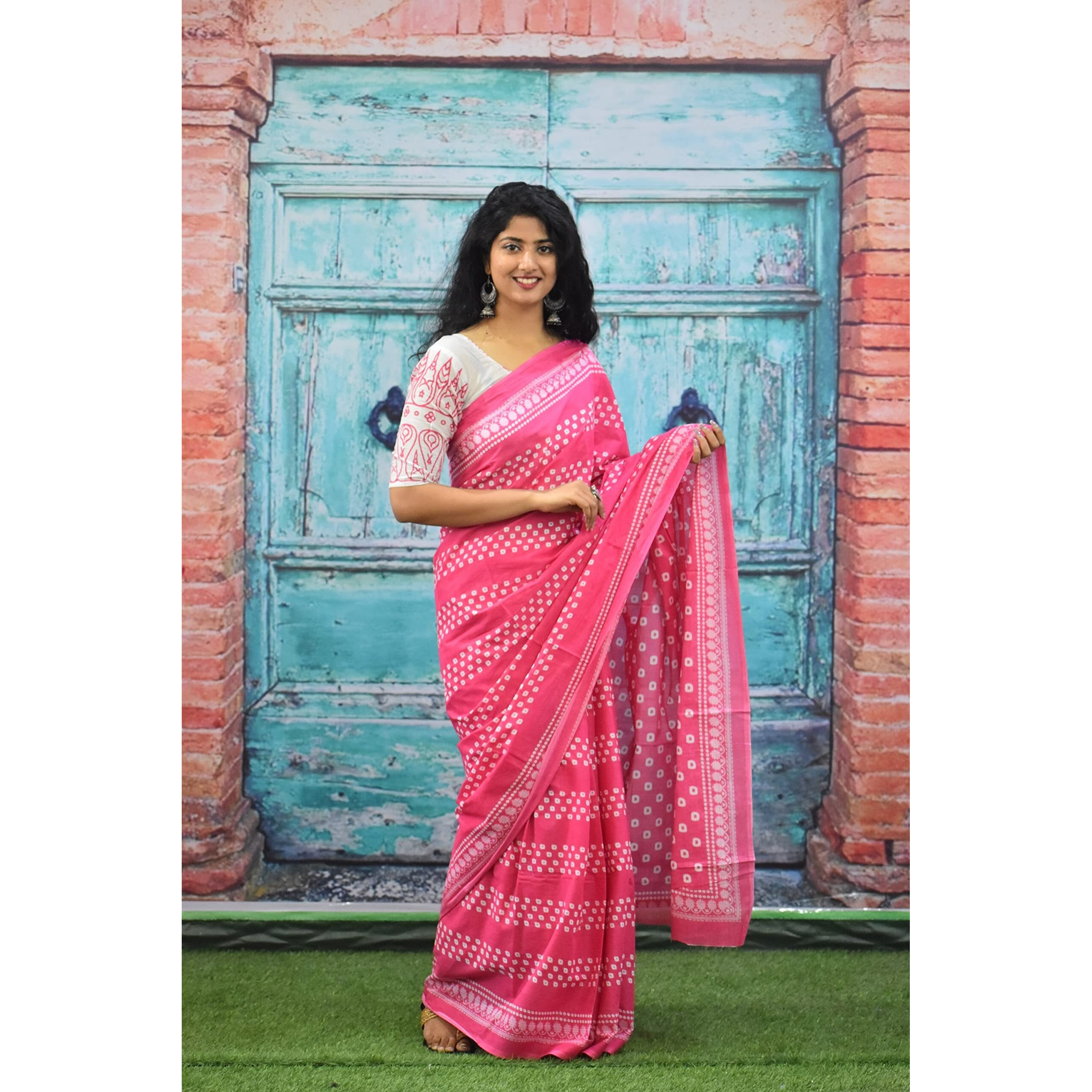 JALTHER Handicrafts Womens Ikat Hand Block Print Jaipuri Cotton Mulmul Saree with Blouse Piece - Pink_68