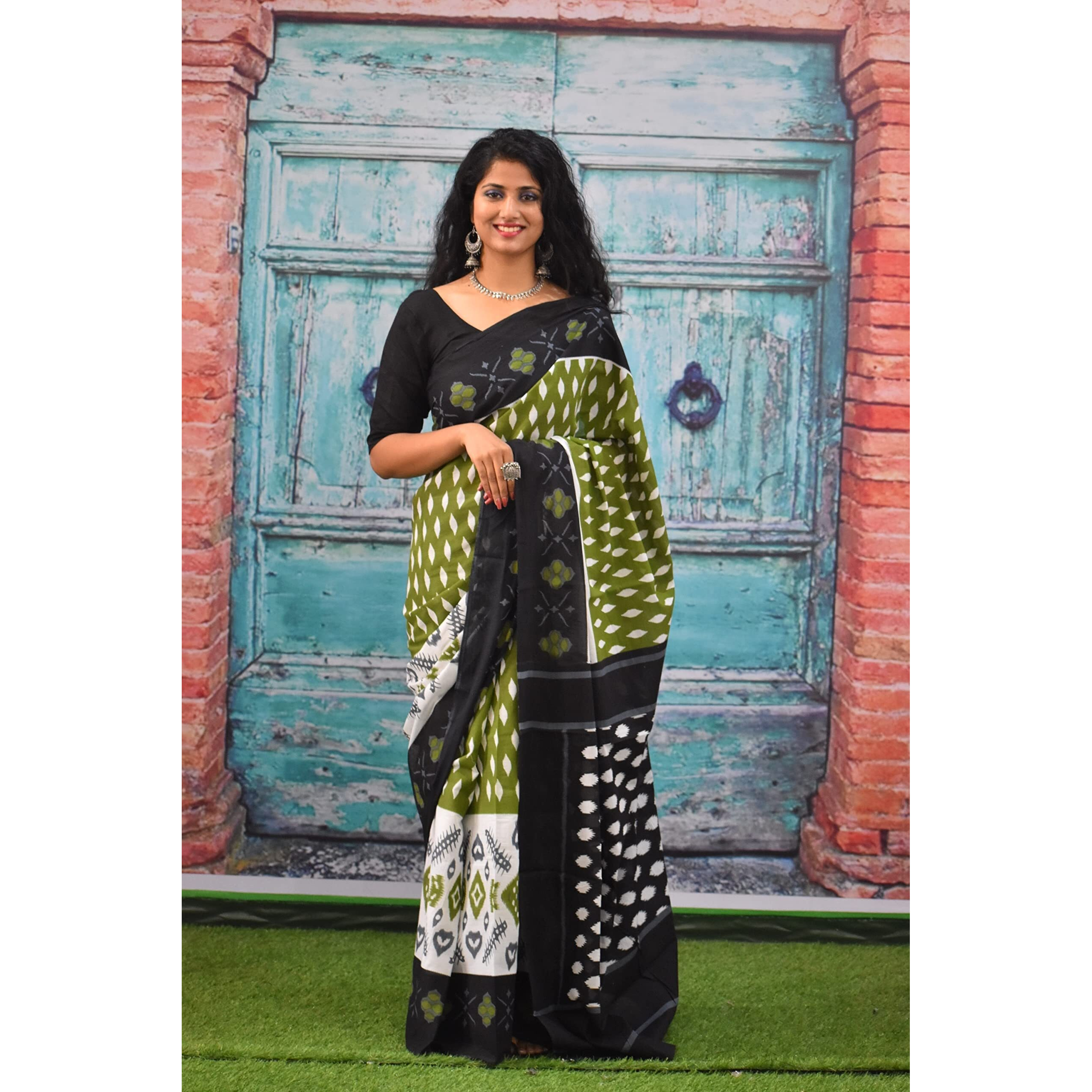 JALTHER Handicrafts Womens Ikat Hand Block Print Jaipuri Cotton Mulmul Saree with Blouse Piece - Green_233