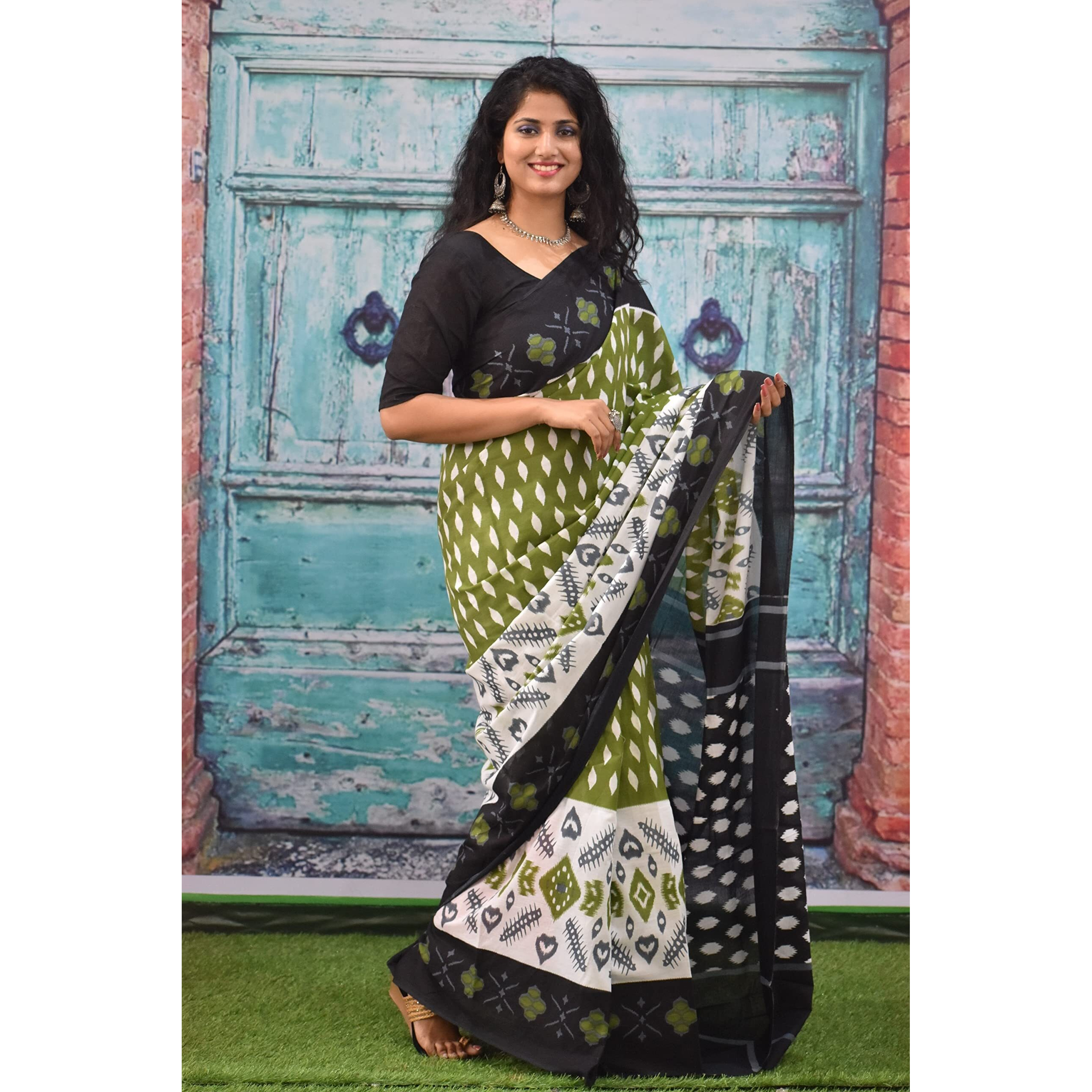 JALTHER Handicrafts Womens Ikat Hand Block Print Jaipuri Cotton Mulmul Saree with Blouse Piece - Green_233