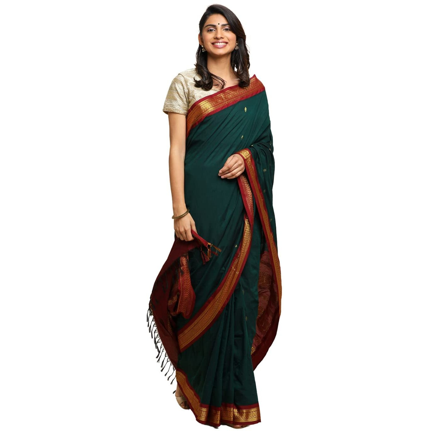 manvish drapes Gadwal Silk Cotton saree For Women | Buttas and Peacock Border Sari | South Indian Kerala Wear With Unstitched Blouse Piece - BOTTLE GREEN-MAROON