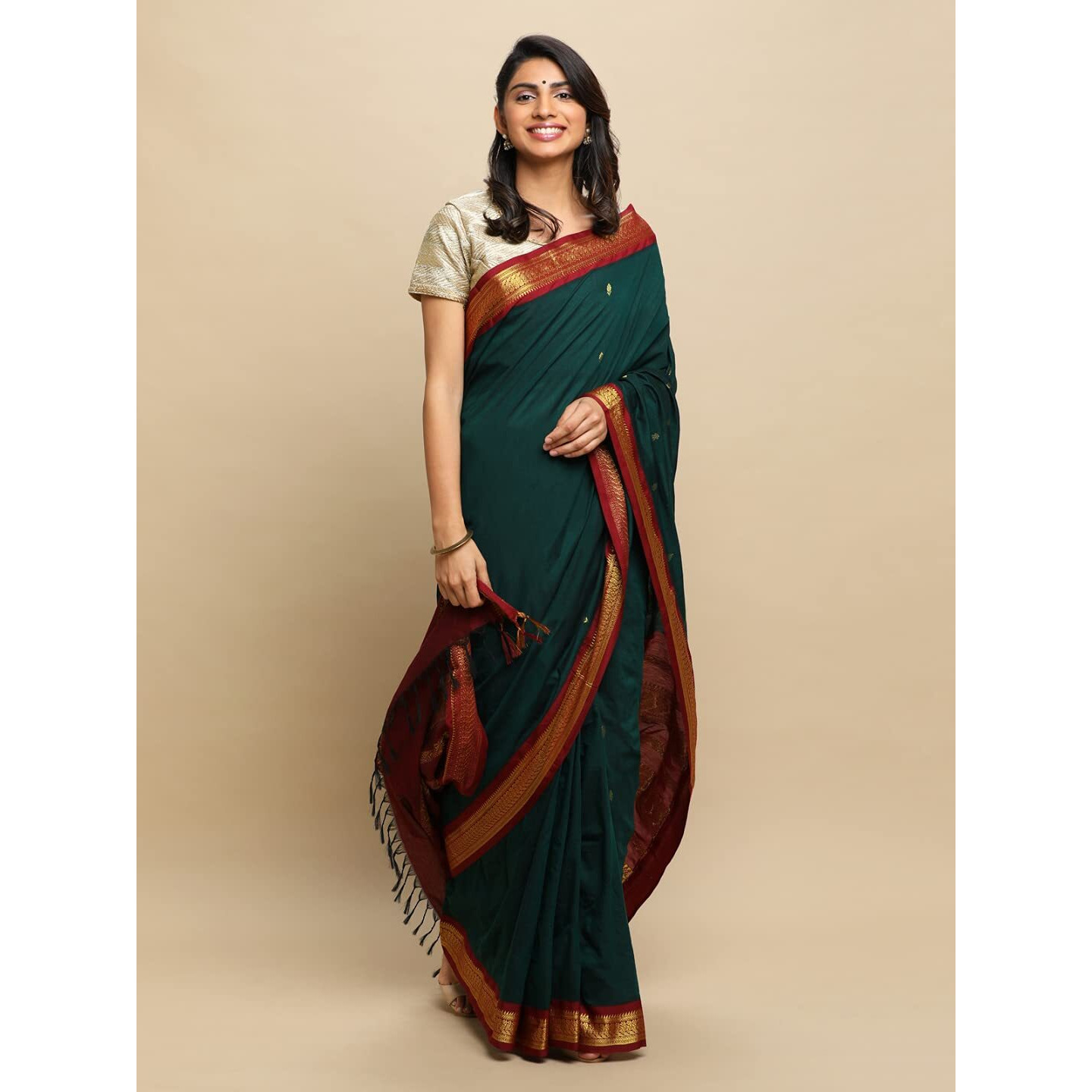 manvish drapes Gadwal Silk Cotton saree For Women | Buttas and Peacock Border Sari | South Indian Kerala Wear With Unstitched Blouse Piece - BOTTLE GREEN-MAROON
