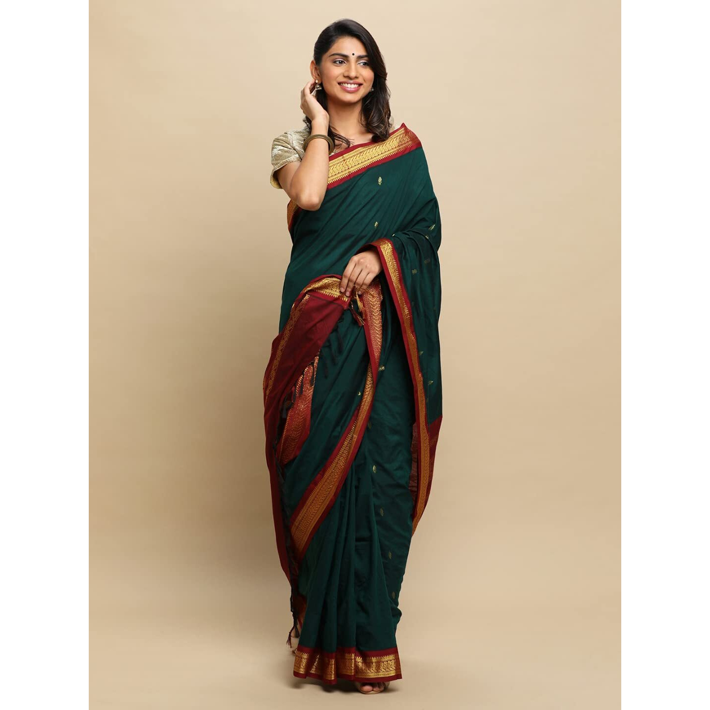 manvish drapes Gadwal Silk Cotton saree For Women | Buttas and Peacock Border Sari | South Indian Kerala Wear With Unstitched Blouse Piece - BOTTLE GREEN-MAROON