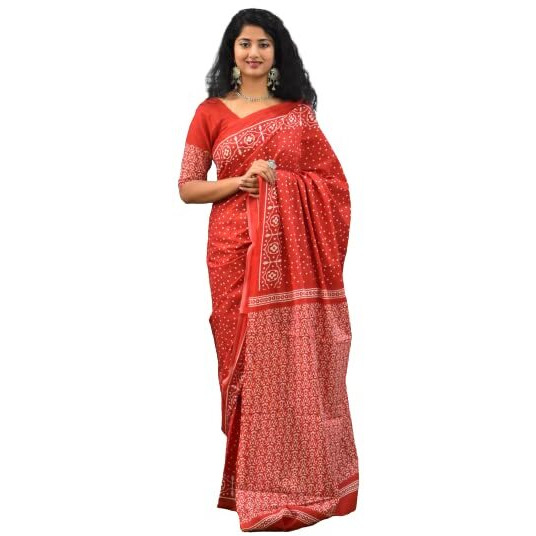 JALTHER Handicrafts Womens Ikat Hand Block Print Jaipuri Cotton Mulmul Saree with Blouse Piece - Red_71