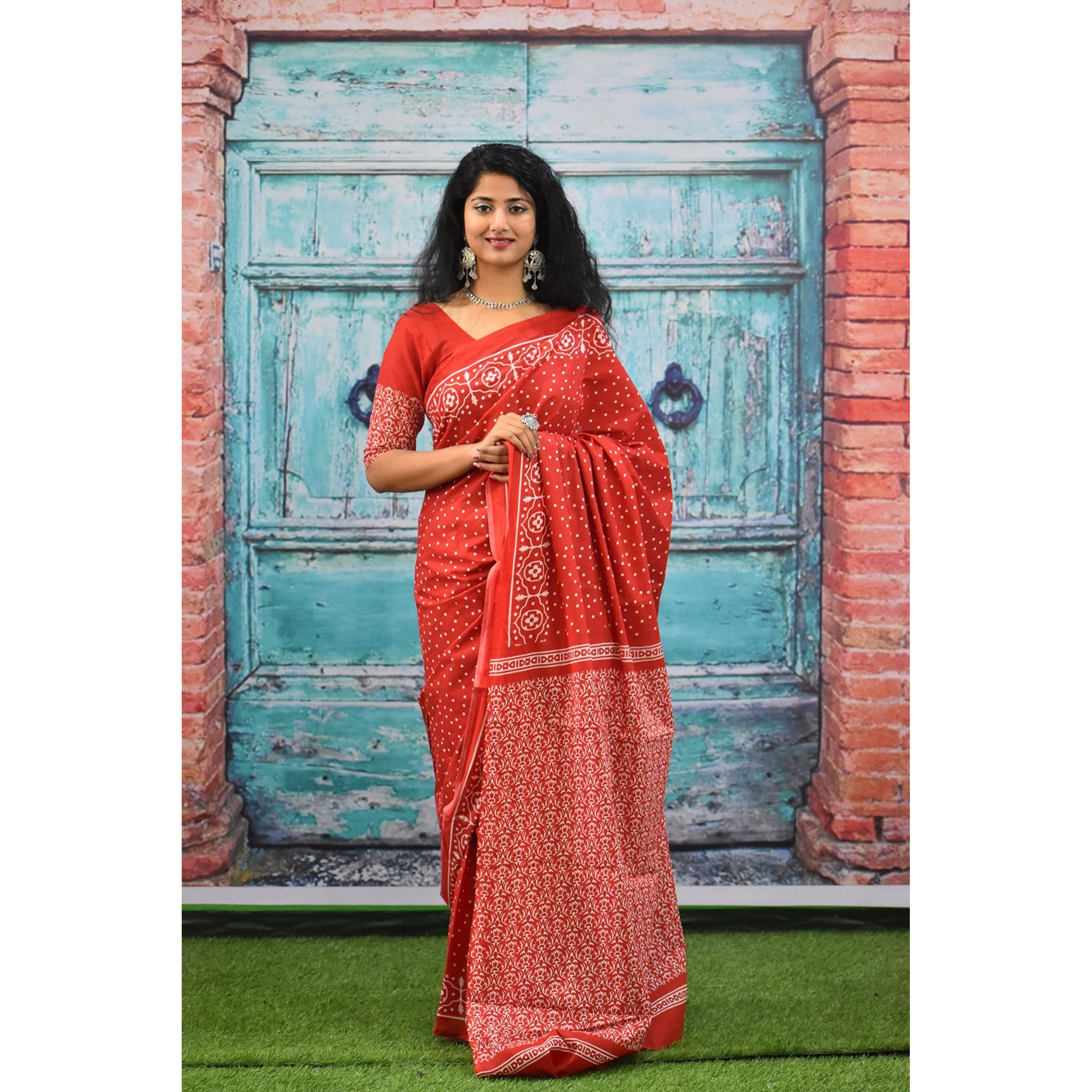 JALTHER Handicrafts Womens Ikat Hand Block Print Jaipuri Cotton Mulmul Saree with Blouse Piece - Red_71