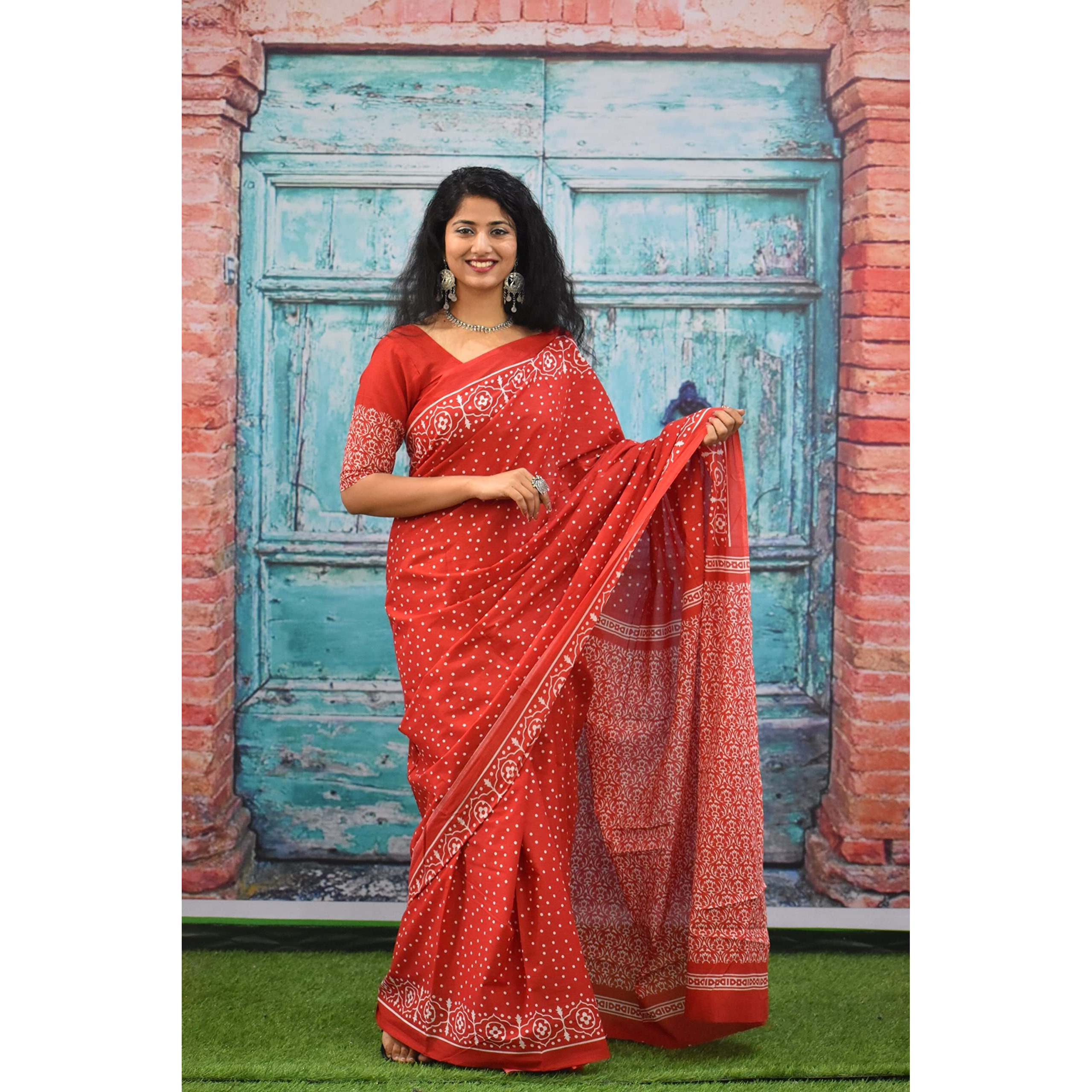JALTHER Handicrafts Womens Ikat Hand Block Print Jaipuri Cotton Mulmul Saree with Blouse Piece - Red_71