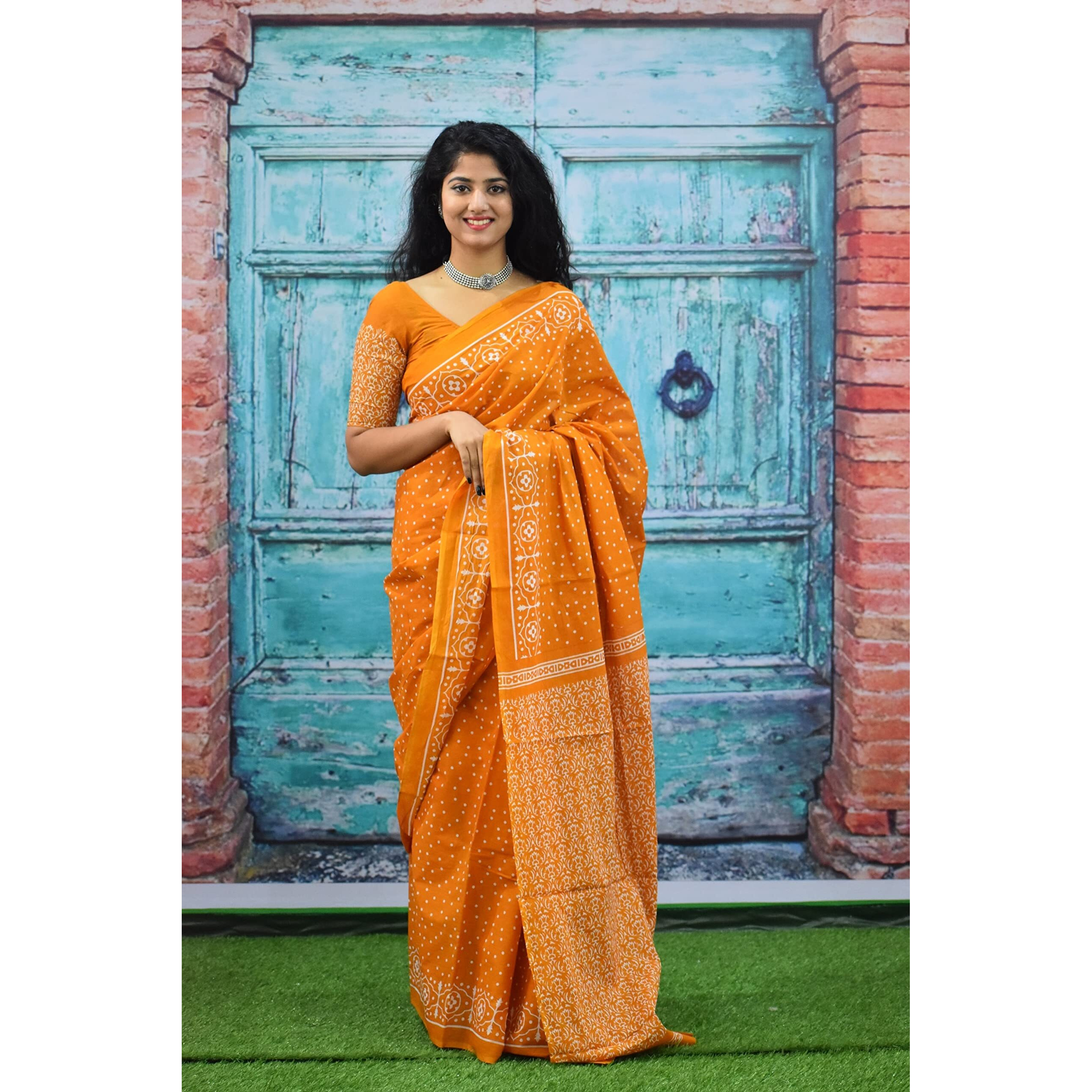 JALTHER Handicrafts Womens Ikat Hand Block Print Jaipuri Cotton Mulmul Saree with Blouse Piece - Yellow_70