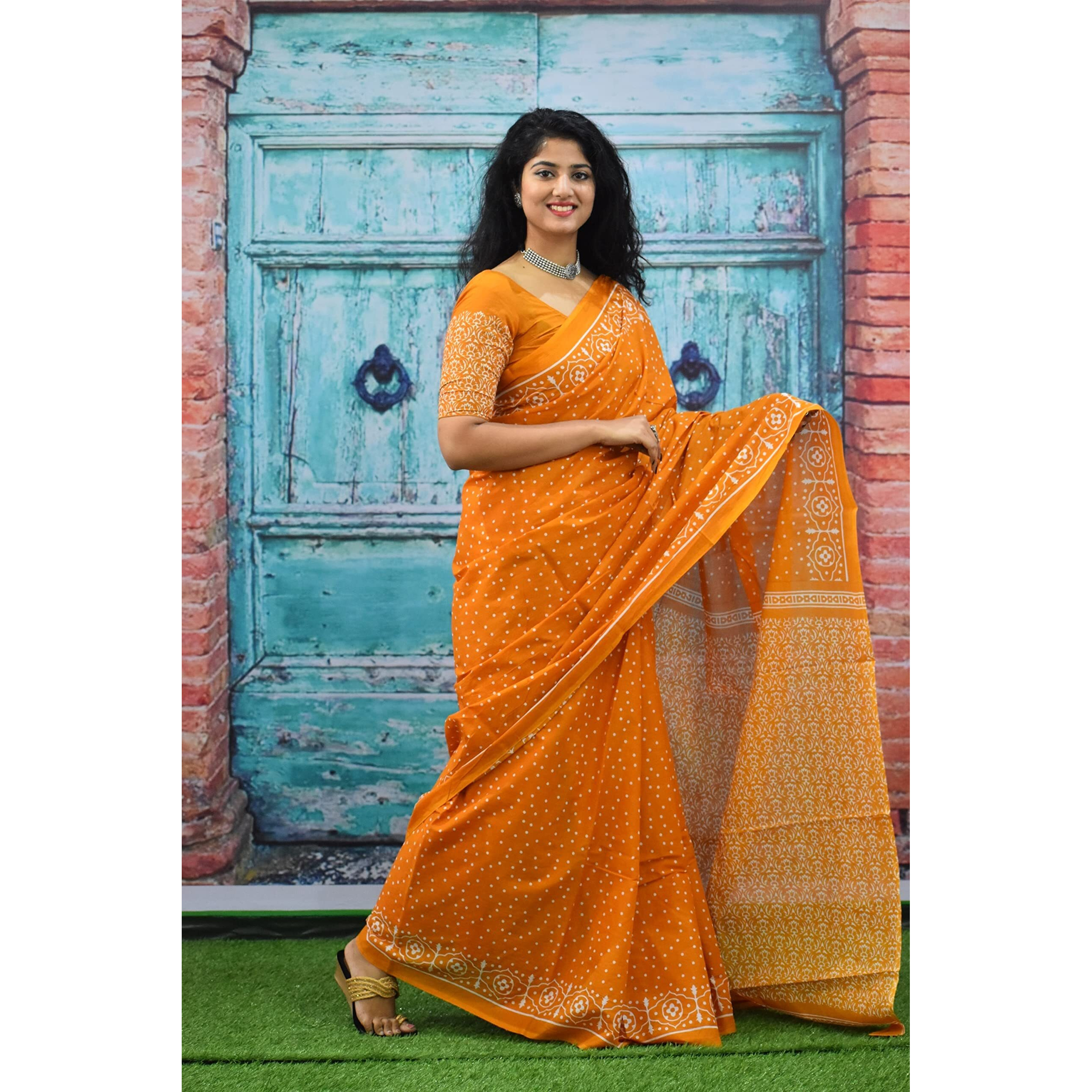 JALTHER Handicrafts Womens Ikat Hand Block Print Jaipuri Cotton Mulmul Saree with Blouse Piece - Yellow_70