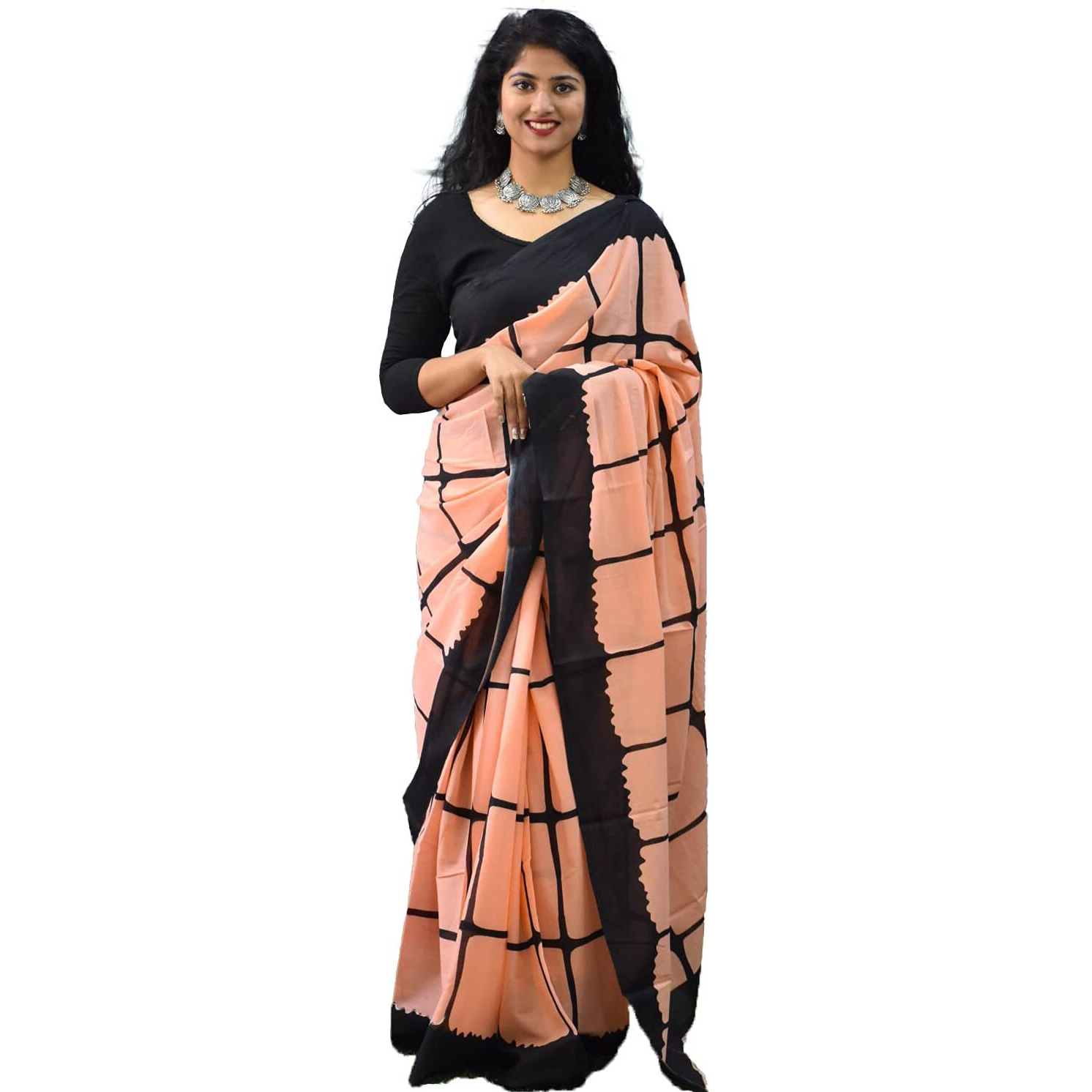 JALTHER Handicrafts Womens Ikat Hand Block Print Jaipuri Cotton Mulmul Saree with Blouse Piece - Multicolor