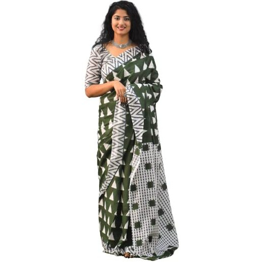 JALTHER Handicrafts Womens Ikat Hand Block Print Jaipuri Cotton Mulmul Saree with Blouse Piece - Pink_336