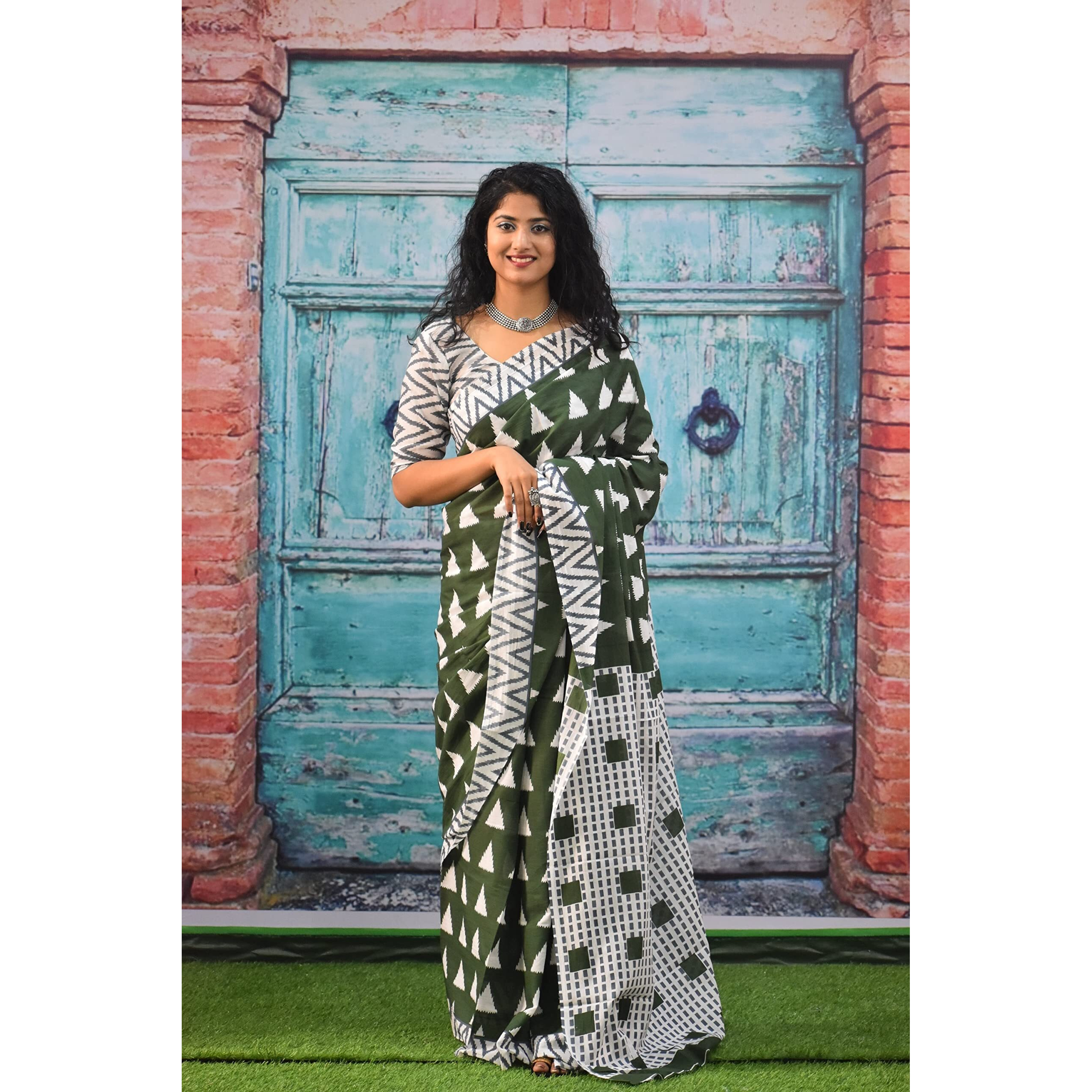 JALTHER Handicrafts Womens Ikat Hand Block Print Jaipuri Cotton Mulmul Saree with Blouse Piece - Pink_336