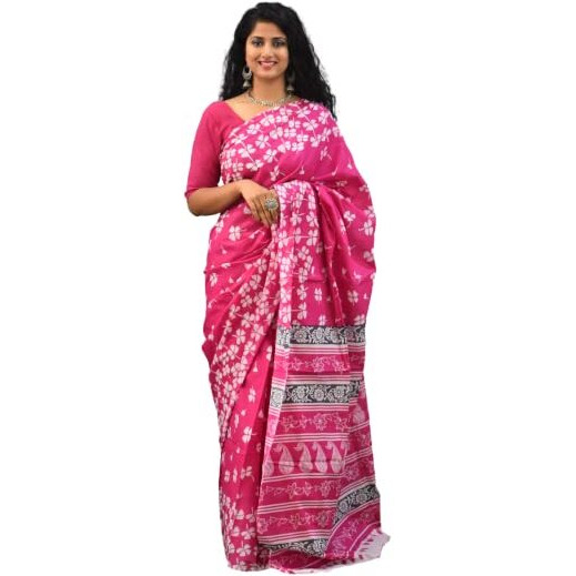 JALTHER Handicrafts Womens Ikat Hand Block Print Jaipuri Cotton Mulmul Saree with Blouse Piece - Pink_339