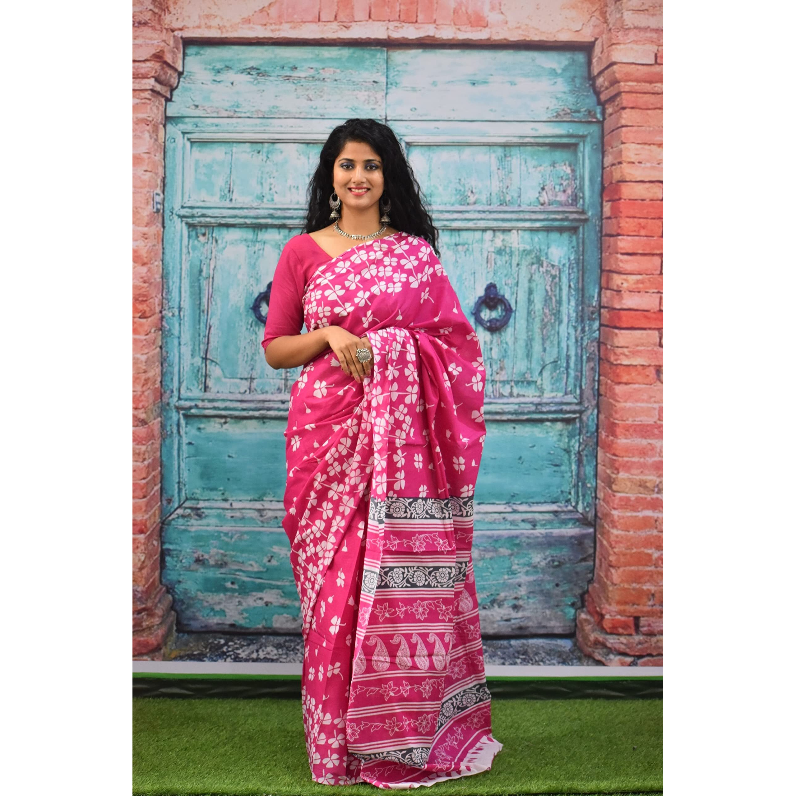 JALTHER Handicrafts Womens Ikat Hand Block Print Jaipuri Cotton Mulmul Saree with Blouse Piece - Pink_339