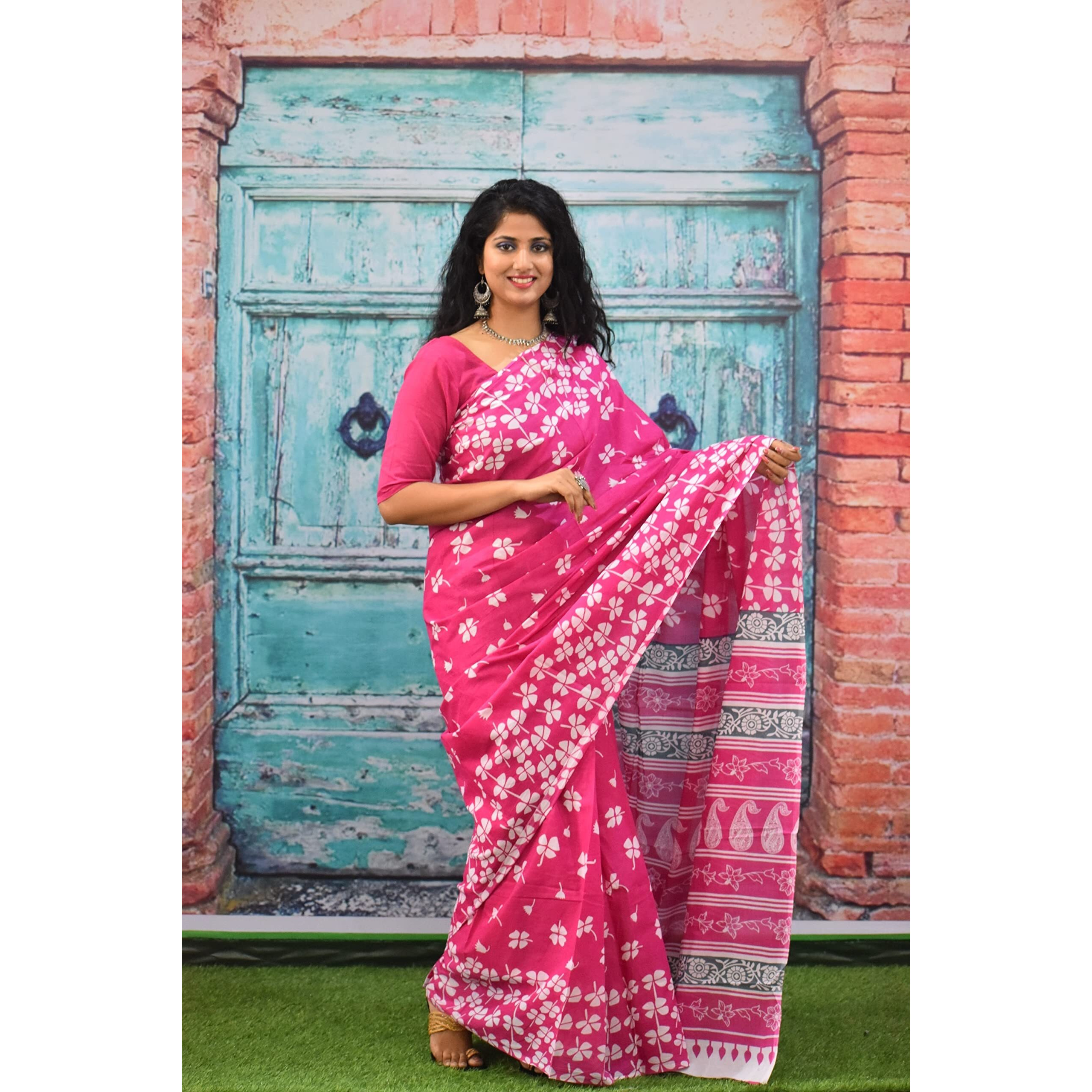 JALTHER Handicrafts Womens Ikat Hand Block Print Jaipuri Cotton Mulmul Saree with Blouse Piece - Pink_339