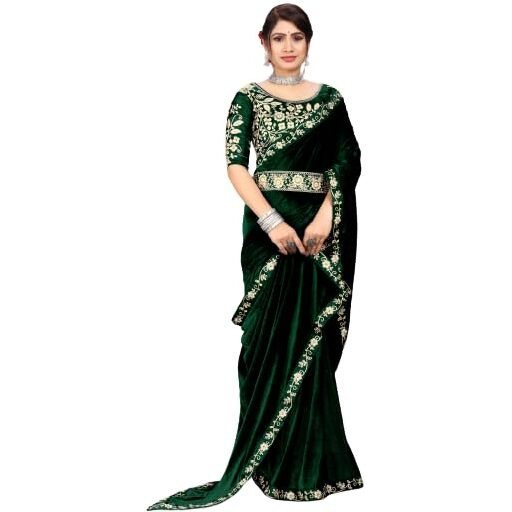 Dream Crushers Womens Pure velvet Saree With Embroidery Sequien Cording Lace Border Saree With Unstiched Blouse Piece (Green)