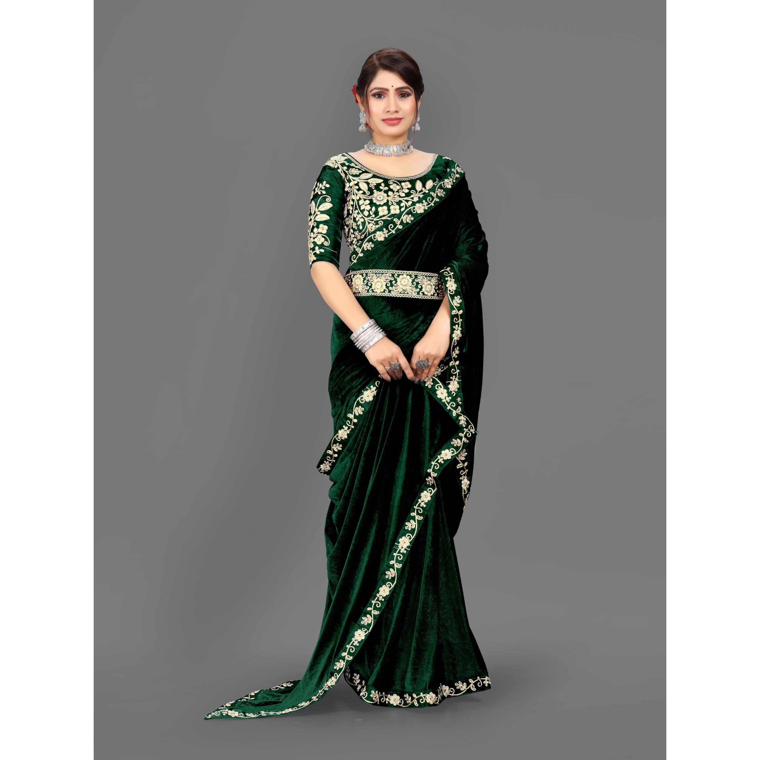 Dream Crushers Womens Pure velvet Saree With Embroidery Sequien Cording Lace Border Saree With Unstiched Blouse Piece (Green)
