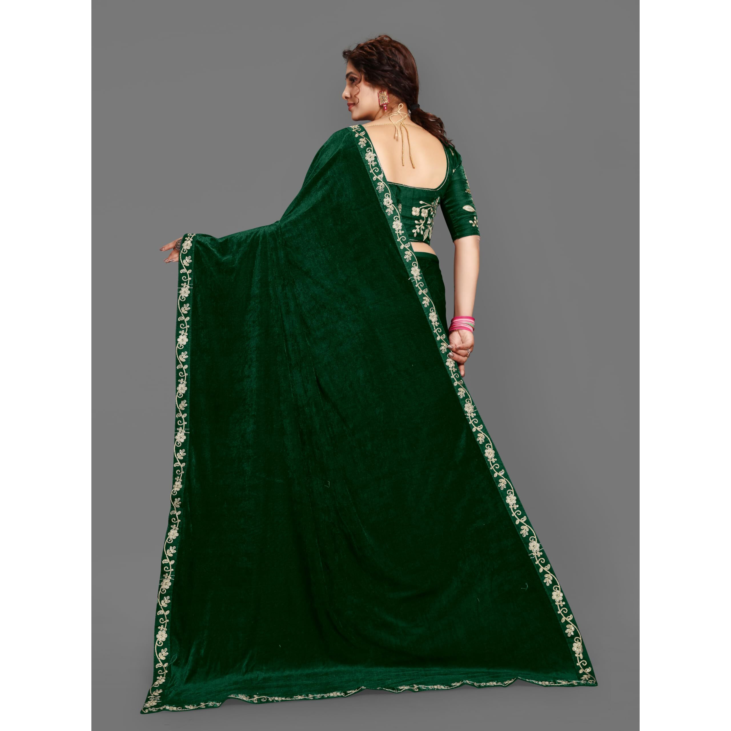 Dream Crushers Womens Pure velvet Saree With Embroidery Sequien Cording Lace Border Saree With Unstiched Blouse Piece (Green)