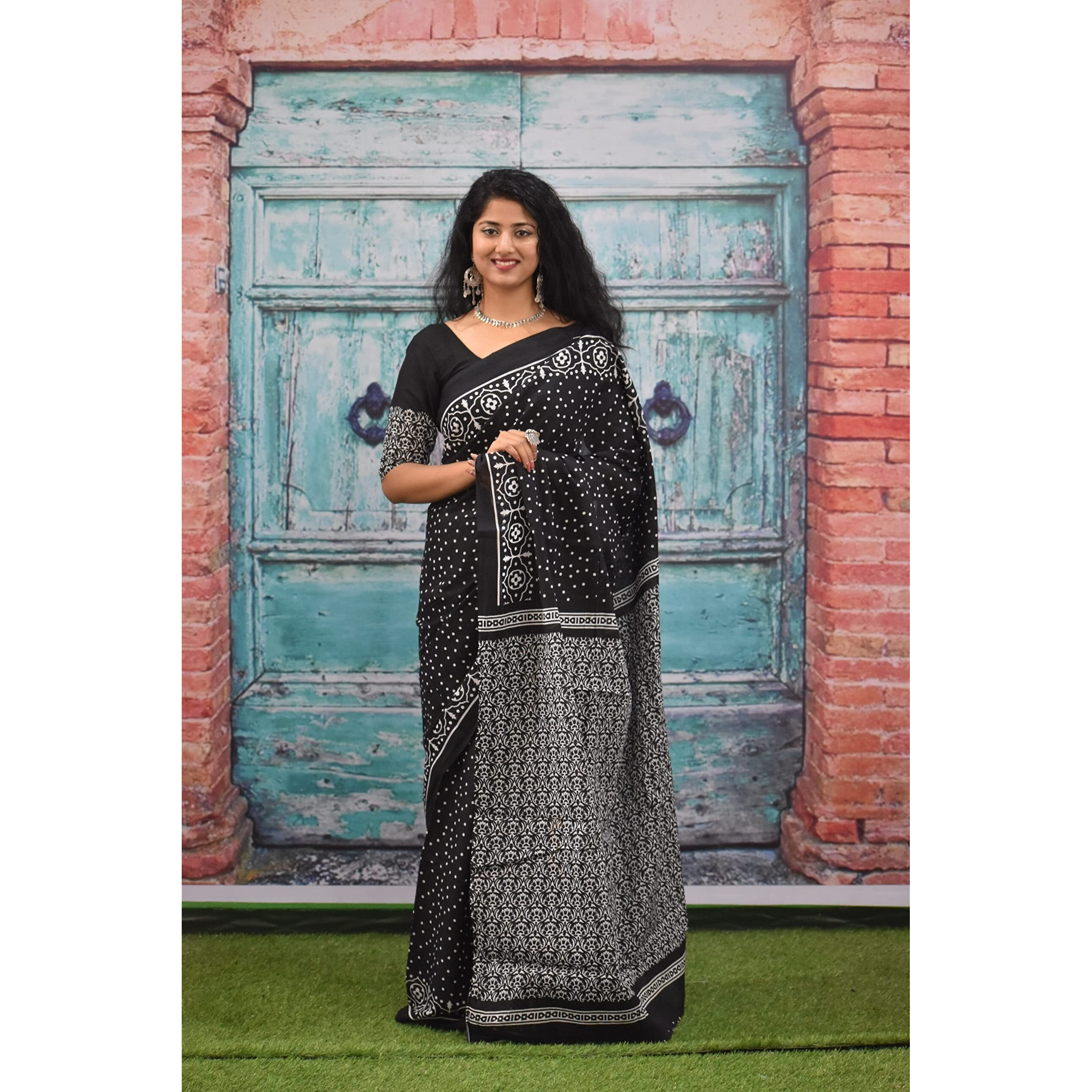 JALTHER Handicrafts Womens Ikat Hand Block Print Jaipuri Cotton Mulmul Saree with Blouse Piece - Black_72