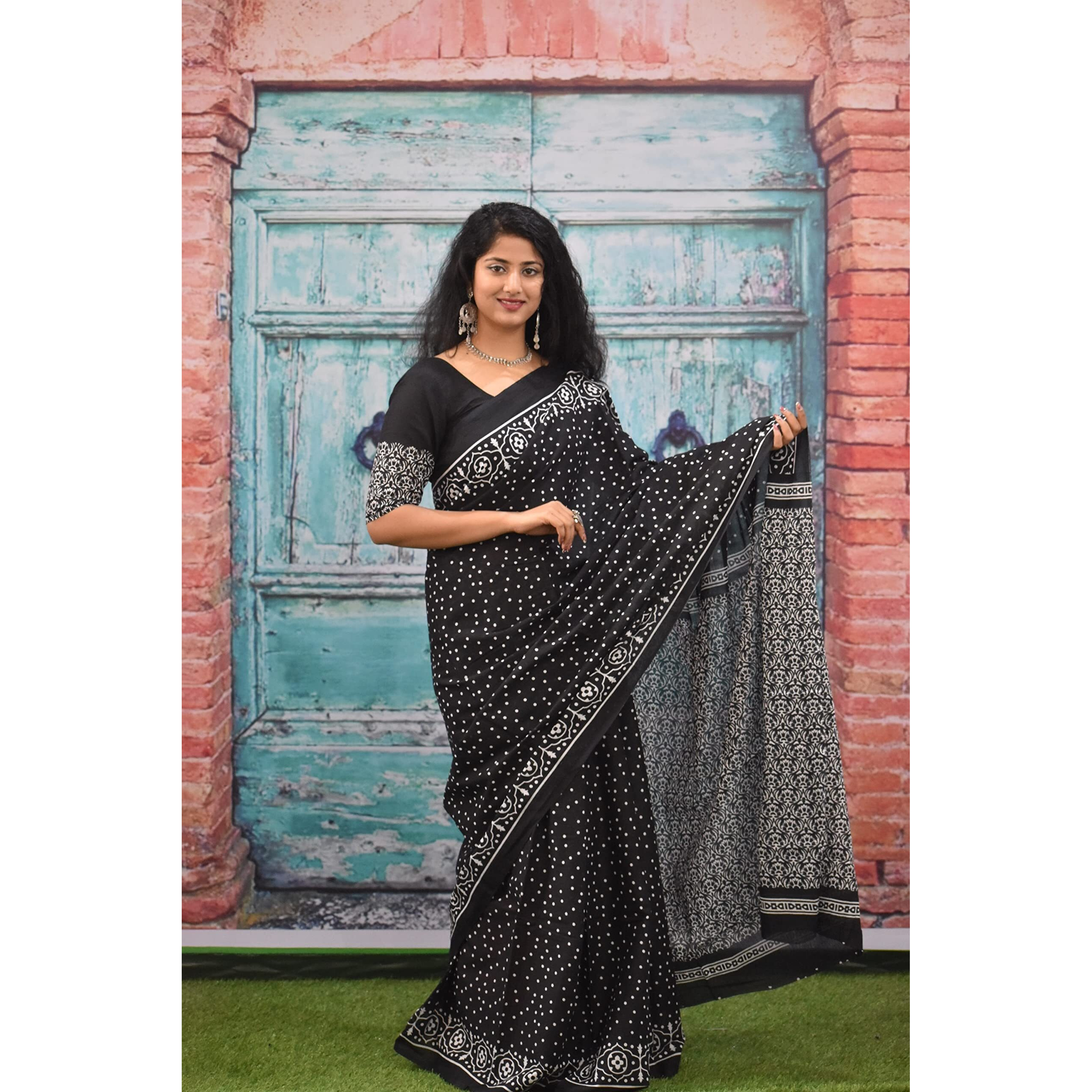 JALTHER Handicrafts Womens Ikat Hand Block Print Jaipuri Cotton Mulmul Saree with Blouse Piece - Black_72
