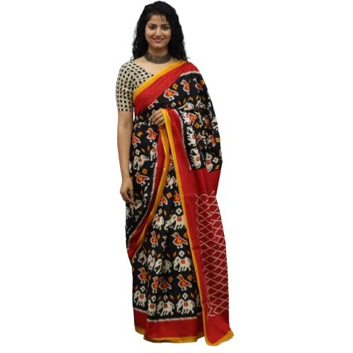 JALTHER Handicrafts Womens Ikat Hand Block Print Jaipuri Cotton Mulmul Saree with Blouse Piece - Black_334