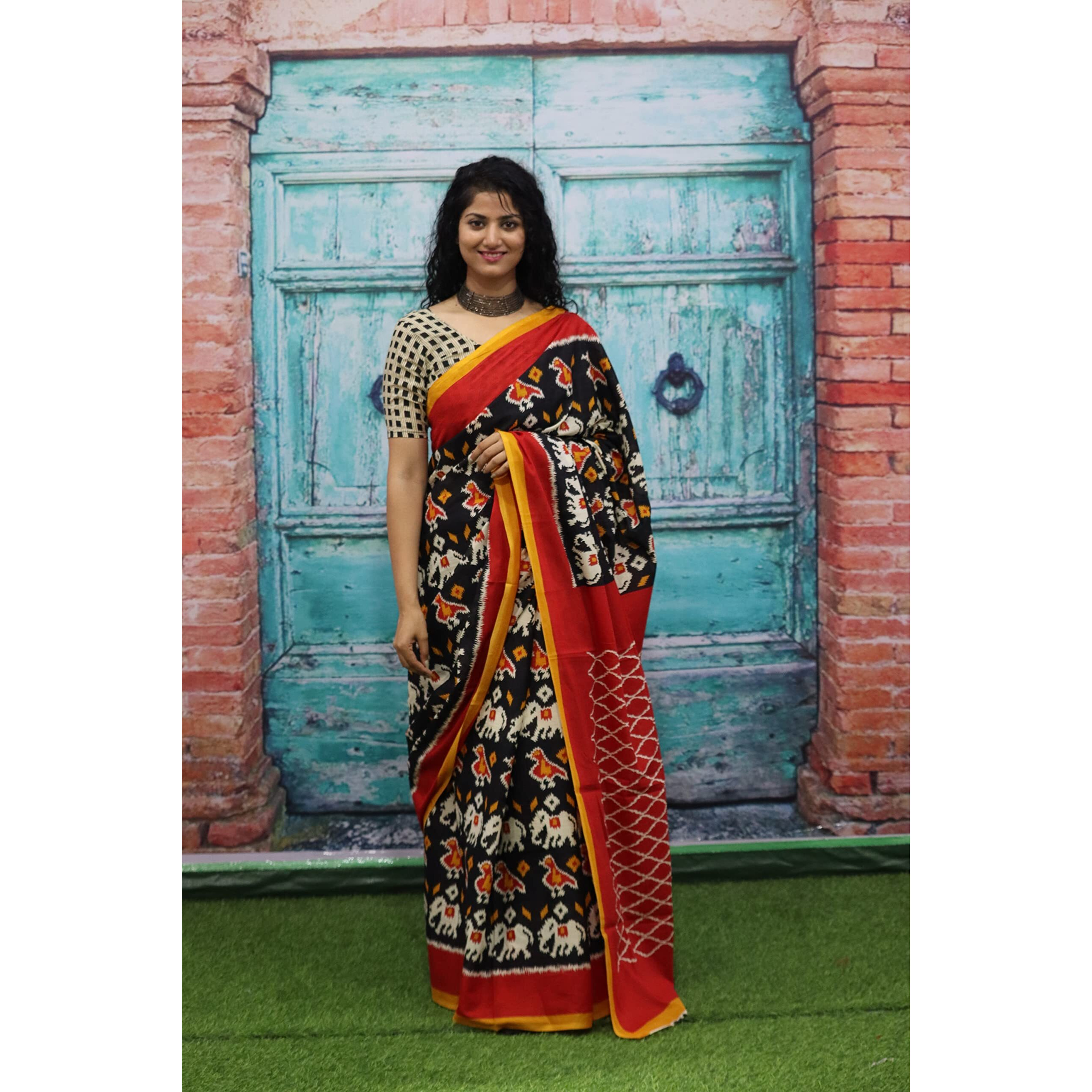 JALTHER Handicrafts Womens Ikat Hand Block Print Jaipuri Cotton Mulmul Saree with Blouse Piece - Black_334