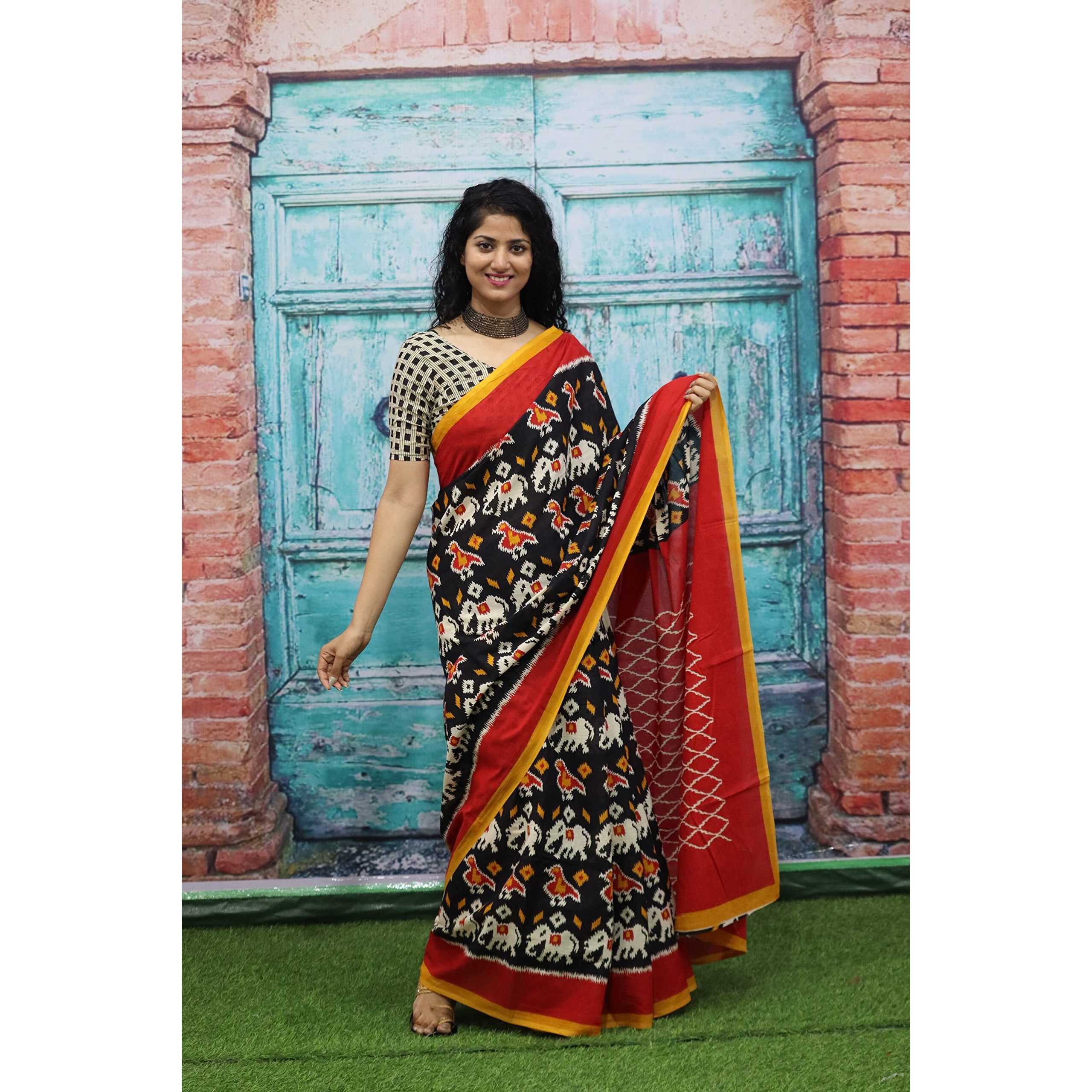 JALTHER Handicrafts Womens Ikat Hand Block Print Jaipuri Cotton Mulmul Saree with Blouse Piece - Black_334