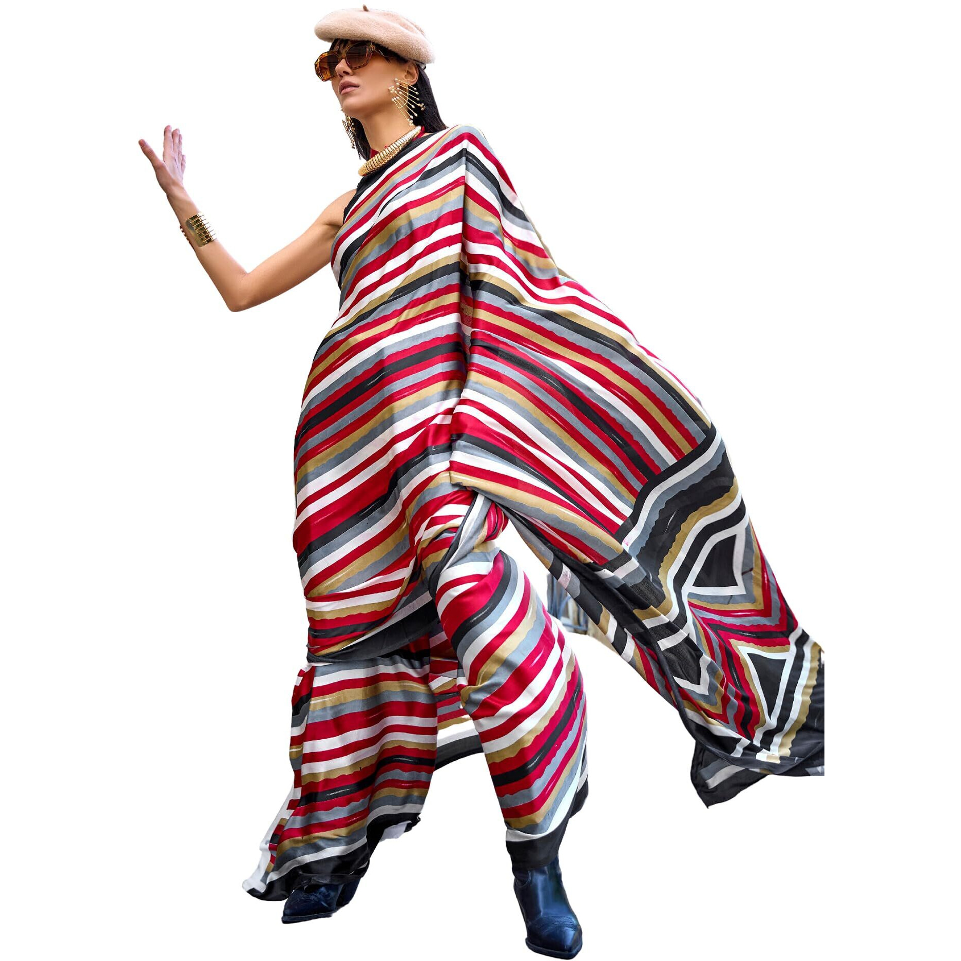 AKHILAM Womens Crepe Digital Print Designer Saree With Unstitched Blouse Piece (Red_KUBIK324002_RJ)