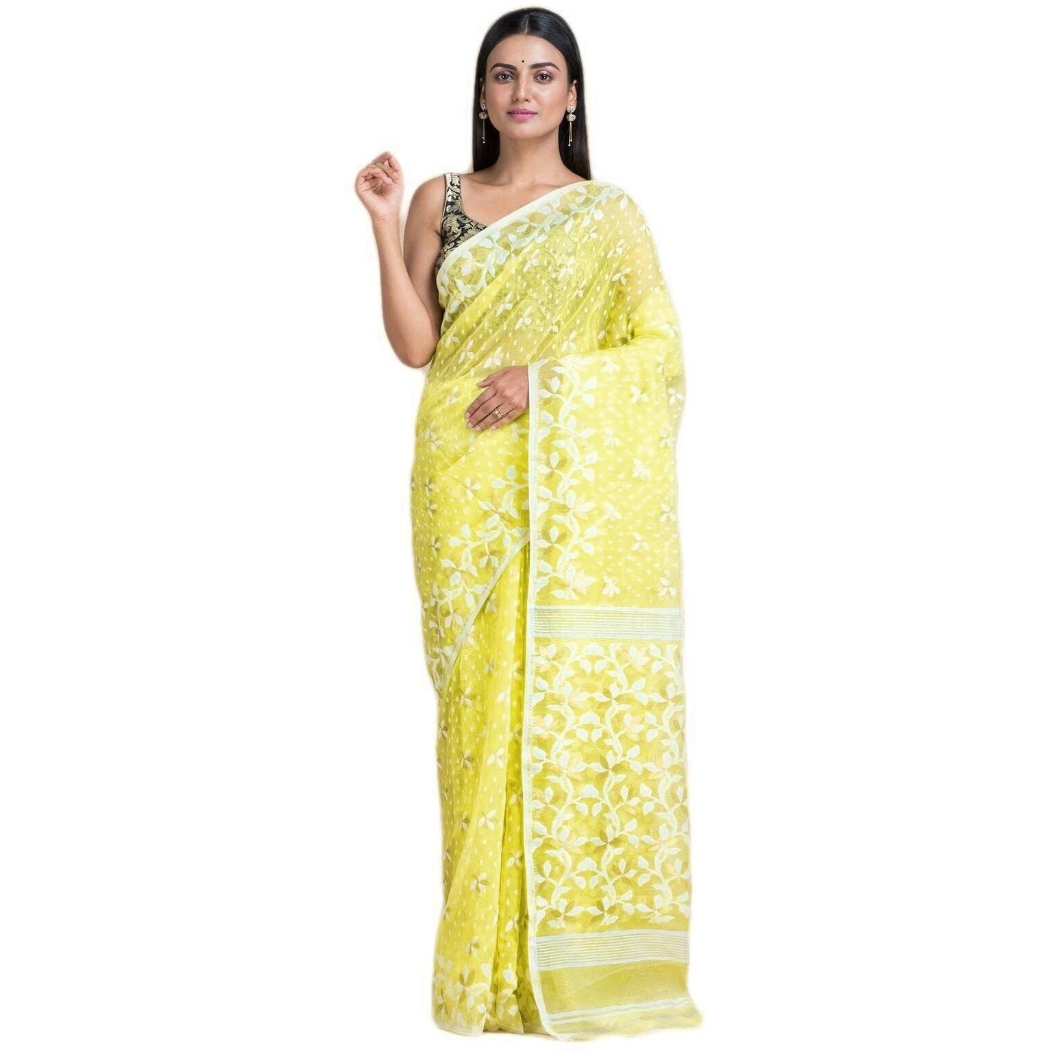 Laxmi Handloom Womens Traditional Bengal Cotton Silk Soft Jamdani Saree without Blouse Piece (Lemon Yellow)